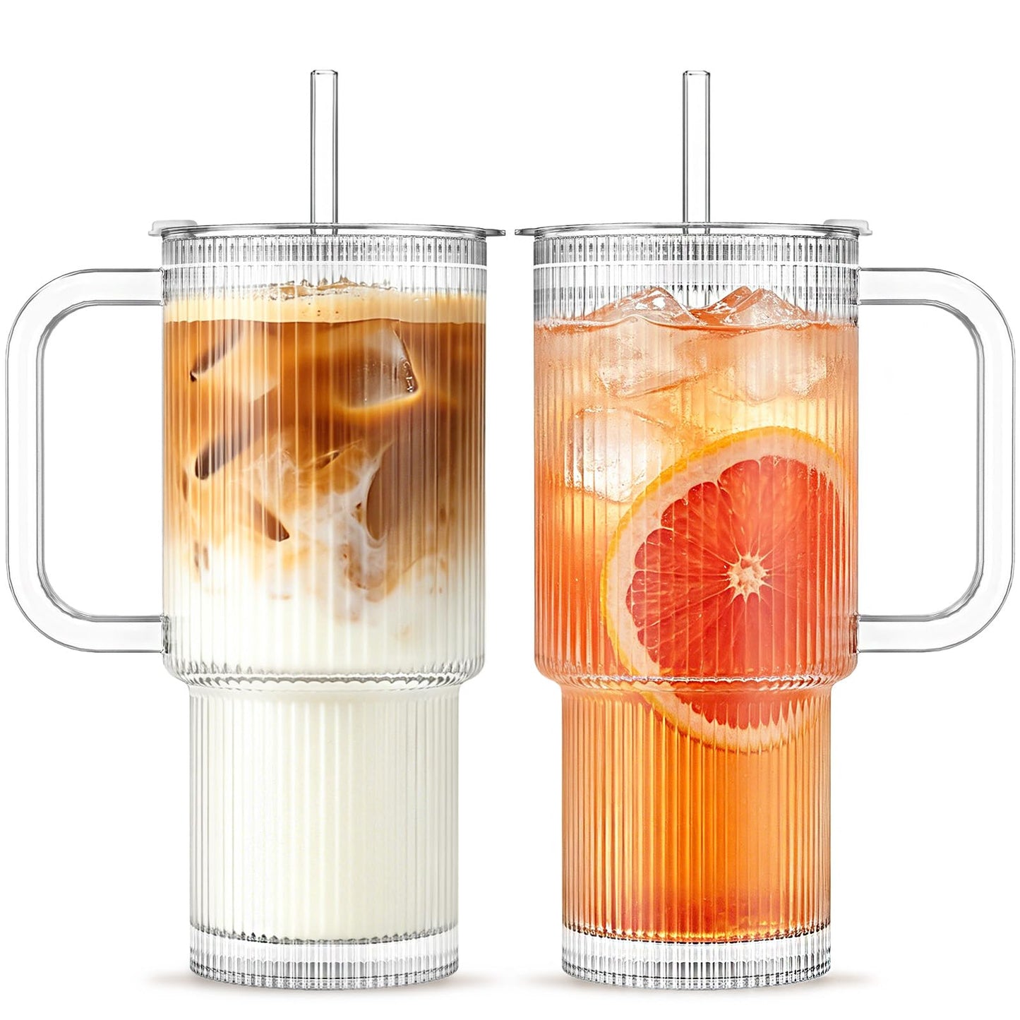 INSETLAN 24oz Ribbed Glass Tumbler with Handle & Lid – 2-Pack Large Iced Coffee Cups with Straws, Modern Glass Mug for Cold & Hot Beverages, Aesthetic Travel Cup for Smoothies, Tea, and Juice