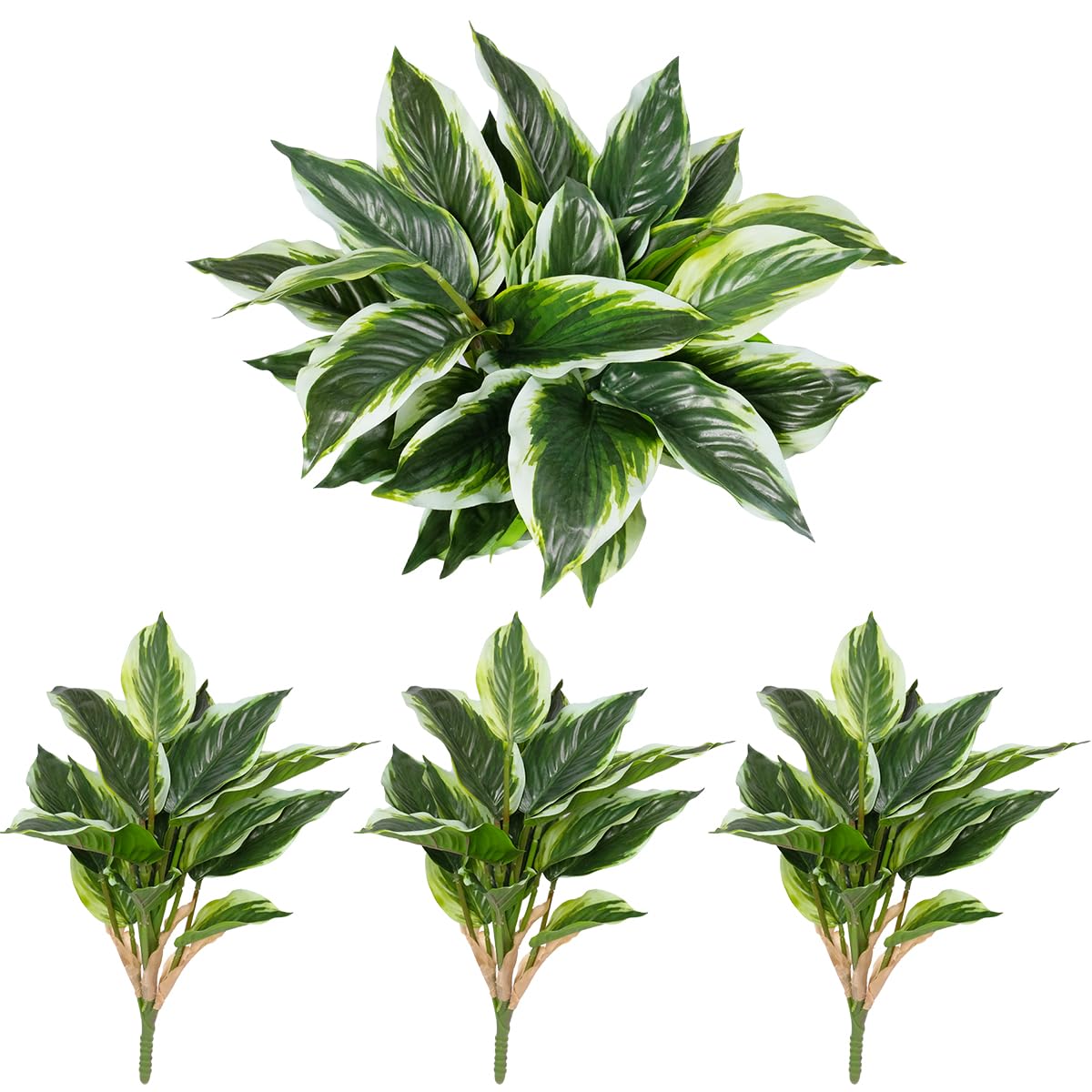 OTATOT 3PCS Artificial Tropical Green Plants – 15.75" Fake Hostas Outdoor Artificial Plants, UV Resistant, Faux Green Leaf Stems for Porch, Patio, Balcony, Garden Planter or Indoor Décor