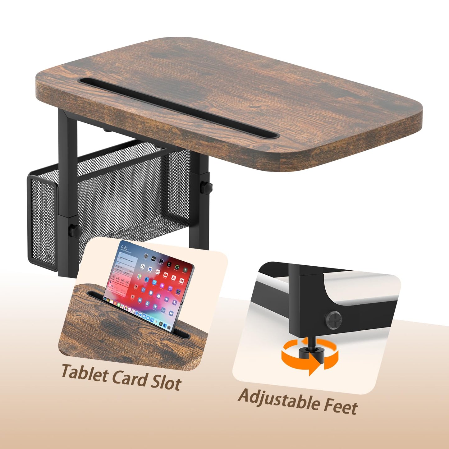 Fashion TV Tray Table with Large Tabletop, Adjustable Sofa Table with Storage Baskets, Strong Metal Frame, Tv Dinner Tray Table for TV Watching, Meals, Snacks (Square, Brown, 16.93inch x 12.6inch)