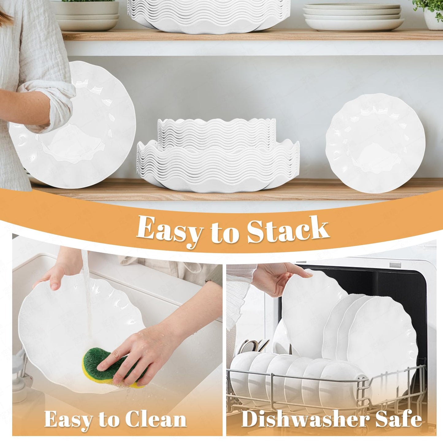LIYH 24 Pcs White Plastic Plates Reusable - Unbreakable Party Plates, Microwave & Dishwasher Safe Camping Plate Sets Perfect for Parties, Birthday, Picnics, BPA Free (12Guests)