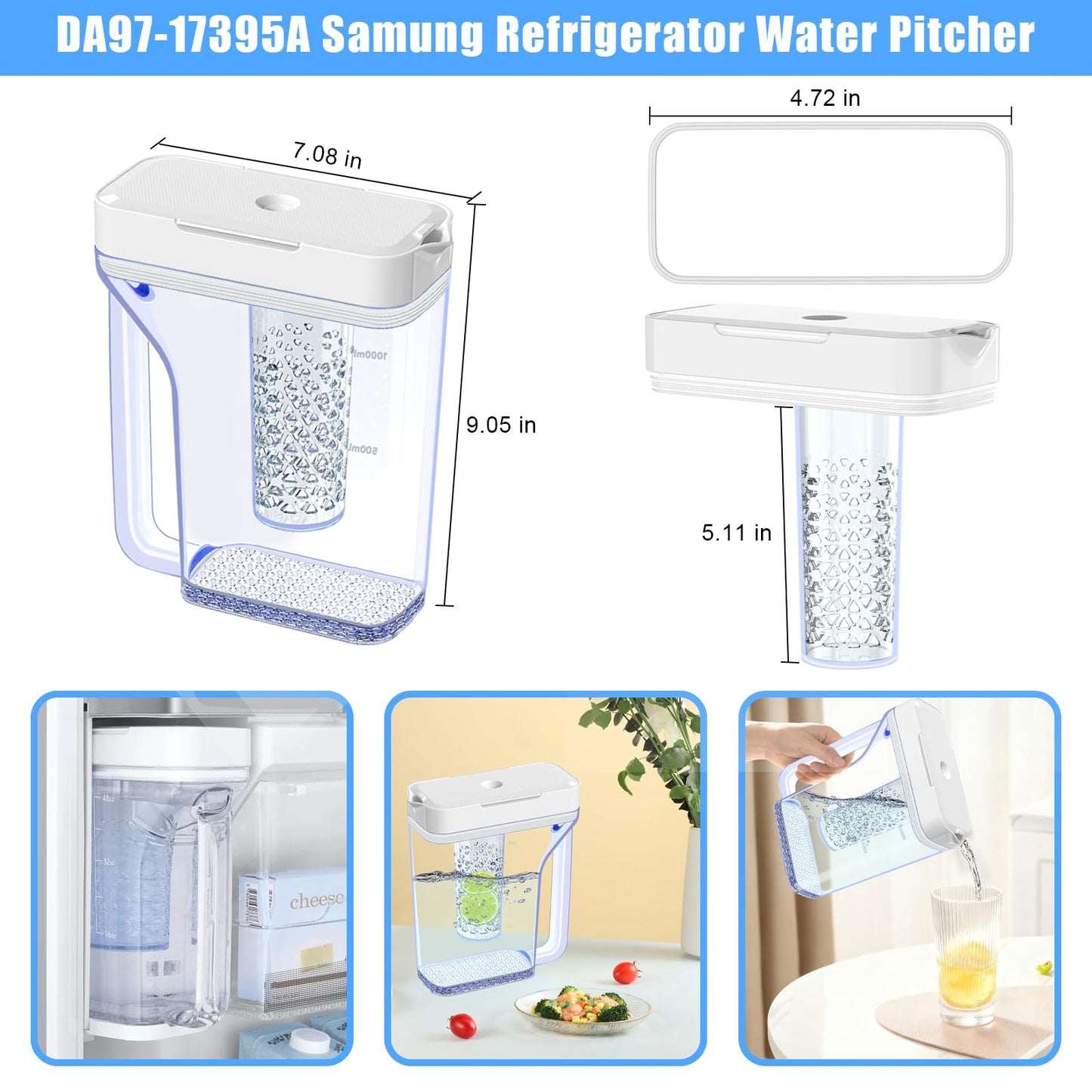 Upgraded RF23M8070SR RF23M8570SR RF23M8590SG RF23M8090SR Water Pitcher Compatible with Samsung Fridge Water Pitcher Parts DA97-17395A Refrigerator Water Reservoir Water Tank Water container NO LEAK