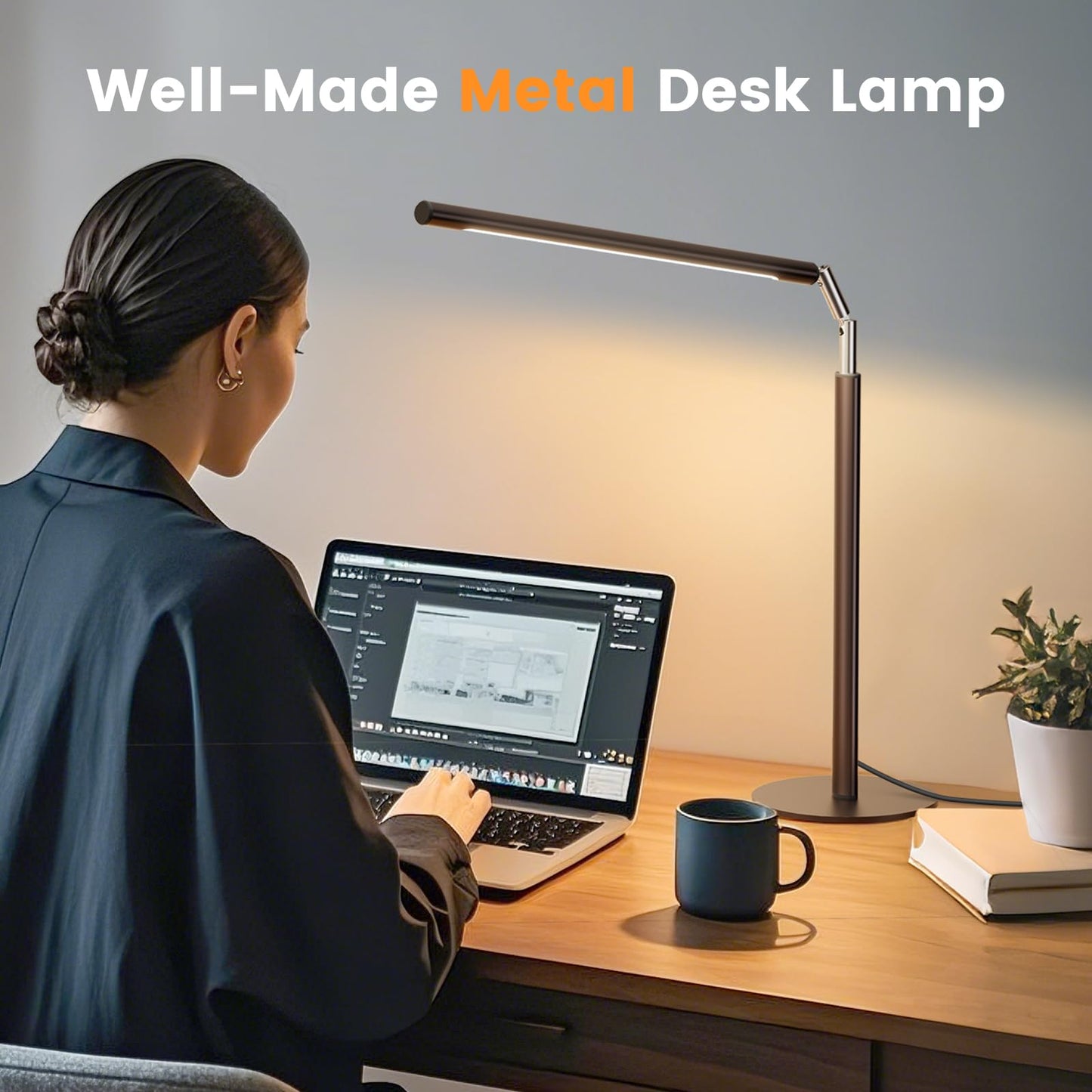ALFELE Brown LED Desk Lamp - 16" Foldable Metal Desk Light with Base, 15W, 1200LM, Dimmable Color Changing Table Lamp for Reading Study, Modern Table Lamp for Home Office Laptop College Dorm