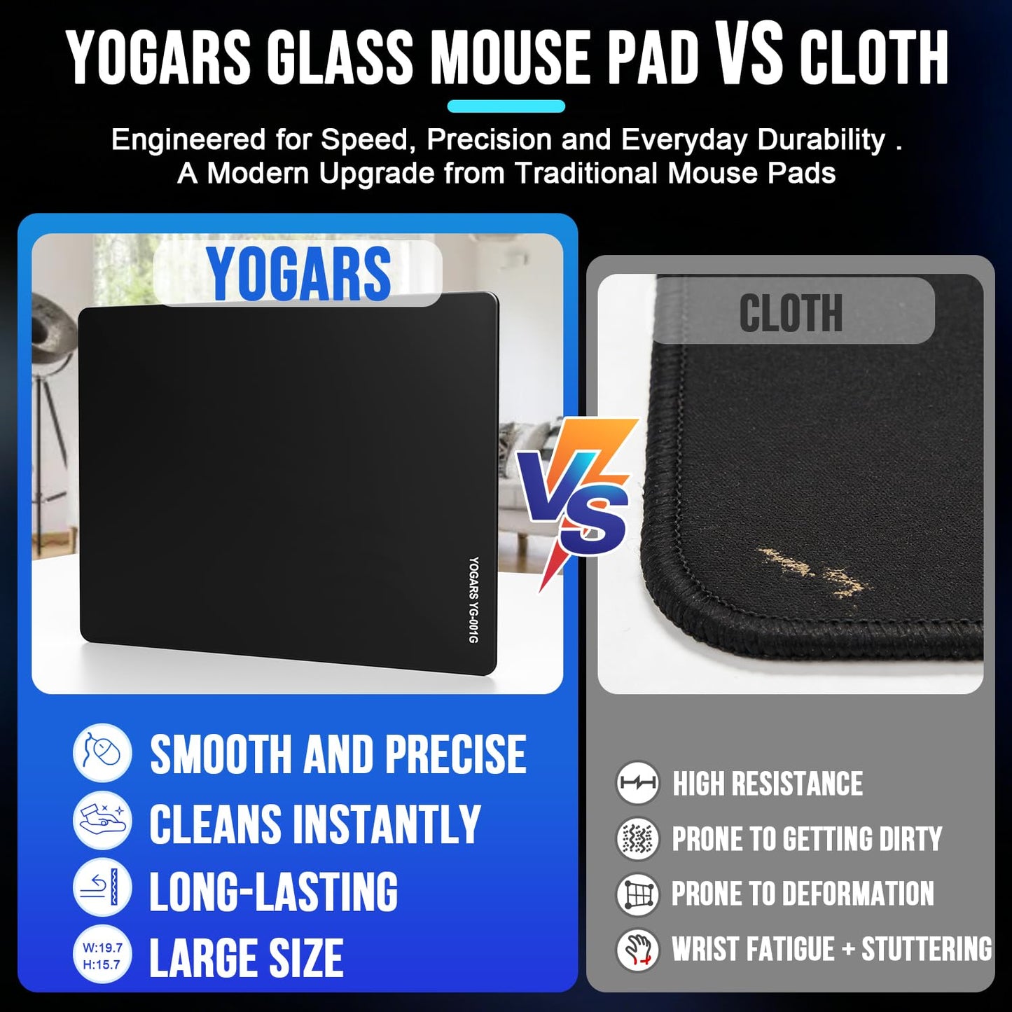 YOGARS Tempered Glass Gaming Mouse Pad, Ultra-Smooth Micro-Etched Surface Speed & Control, Large 19.7"x15.7" Anti-Slip Base, Easy Clean Scratch Resistant for Esports and Work (Black)