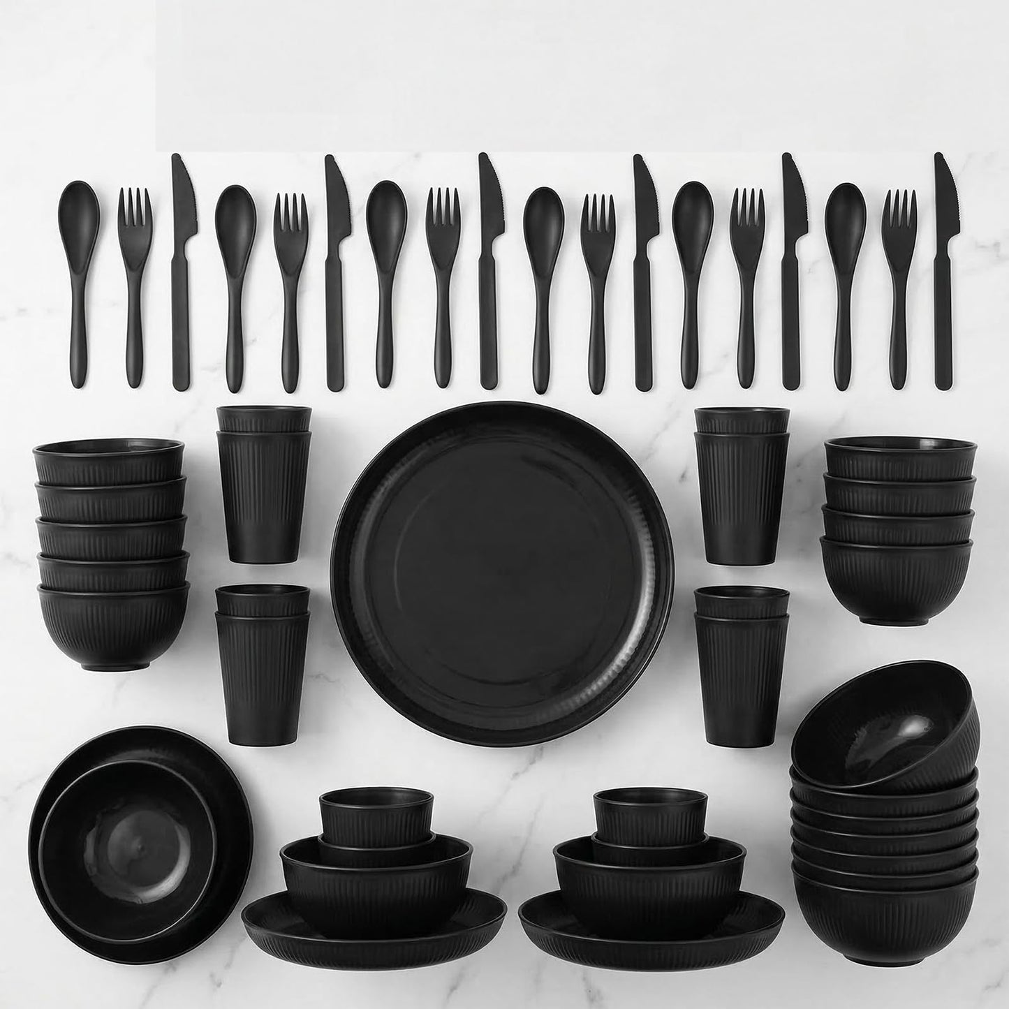 36 Pcs Wheat Straw Dinnerware Set,Dinnerware Sets for 6,Large Round Plates, Bowls and Cups, Unbreakable dish set, Dishwasher and Microwave Safe, Outdoor Camping Dishes (Black)