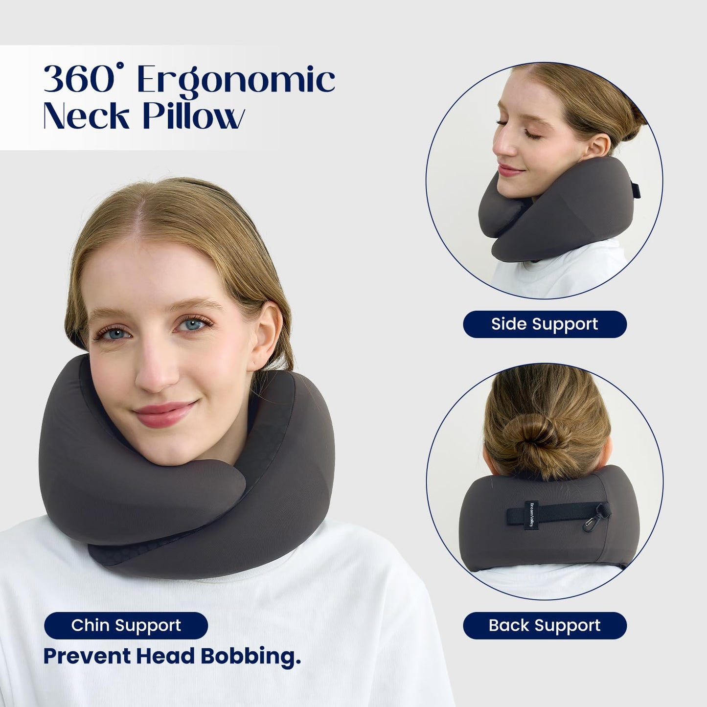 Dream Valley® Neck Travel Pillow, Memory Foam Travel Pillow for Airplane, Portable Roll-Up Neck Pillow with Cooling Inner Fabric, 360° Ergonomic Support, No Head Bobbing, Charcoal Gray