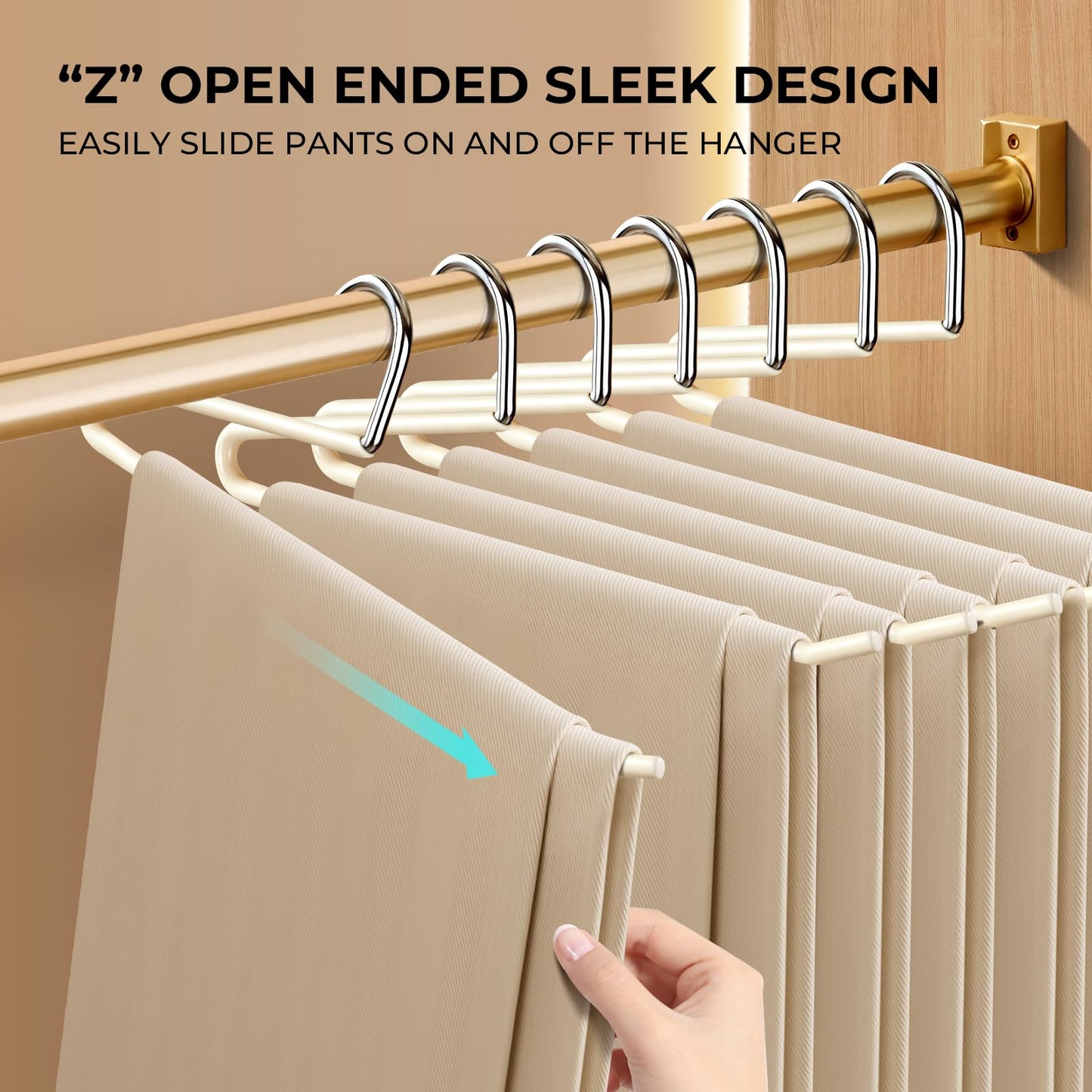 HUADYMEET 30 Pack Open Ended Metal Pant Hangers Non Slip, Slim Space Saving Clothes Hangers for Closet,Heavy Duty Strong Durable Hanger for Women,Men,Jean,Trousers,Shorts,Slacks,Skirts(Beige)