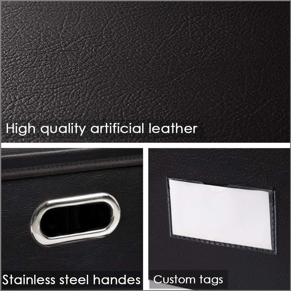 PRANDOM Large Foldable Storage Bins with Lids [3-Pack] Leather Fabric Collapsible Storage Boxes Organizer Containers Baskets Cube with Cover for Home Bedroom Closet Office Black(17.7x11.8x11.8)