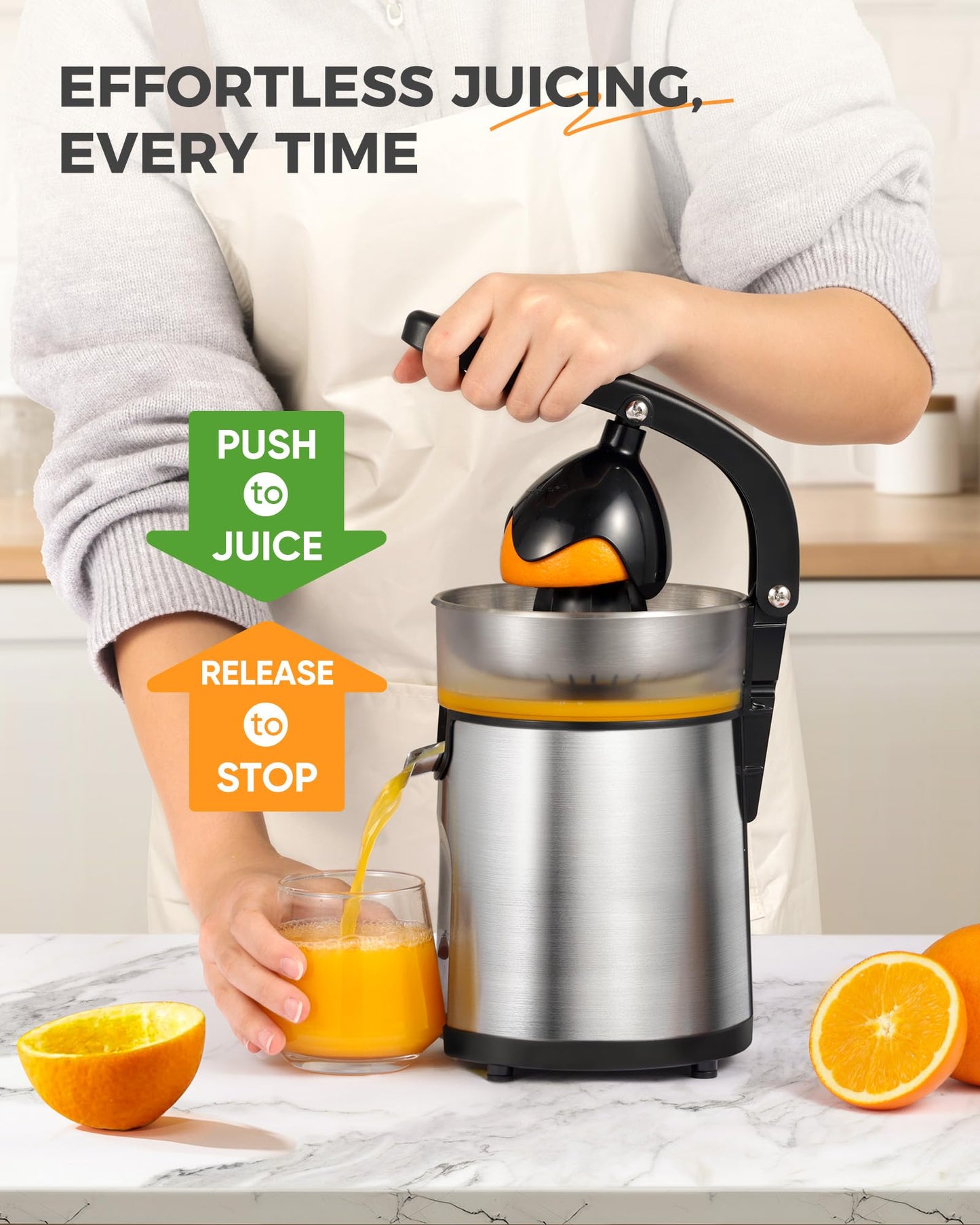 Amzpass Electric Orange Juicer, Citrus Juicer Squeezer with 2 Interchangeable Cones, 160W Electric Juicer Machine with Stainless Steel Body & Transparent Juice Collector for Lime Grapefruit Lemon