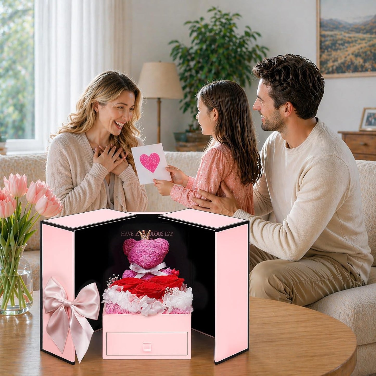 ADDWel Gifts for Mom Birthday - Real Preserved Rose Gift with 925 Sterling Silver Mom Necklace and Cute Teddy Bear, Timeless Elegant Gift from Husband Son or Daughter, Unique Moms