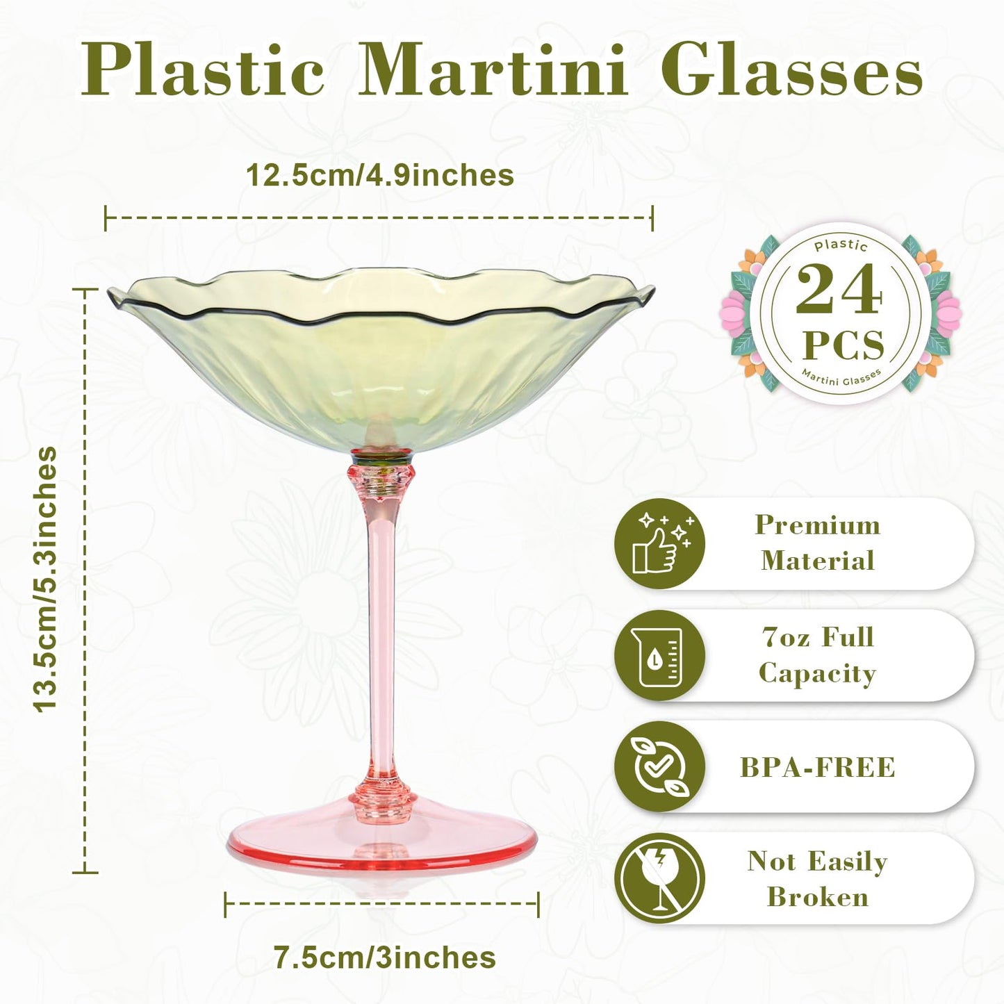 HKSZEH 24 Pcs Plastic Martini Glasses 7oz Flower Disposable Cocktail Coupe Glasses Pink and Green Martini Cup Vintage Detachable Dessert Parfait Glassware for Wedding Birthday Bachelorette Party