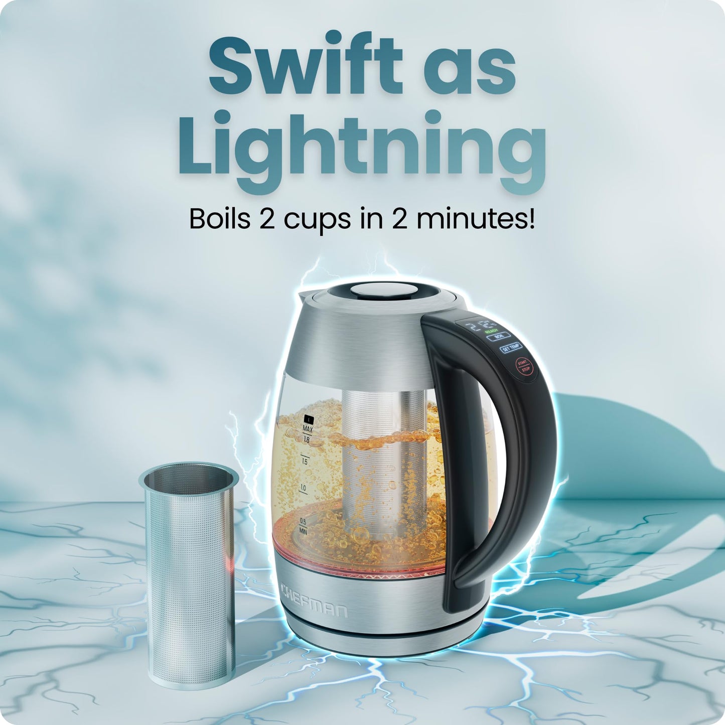 CHEFMAN Lightning High-Powered Electric Kettle, 1.8L 1750W, Rapid Boil 2 Cups in 2 Minutes, BPA Free Cordless Tea Kettle with Digital Temperature Control and 1-Hour Keep Hot – Stainless Steel