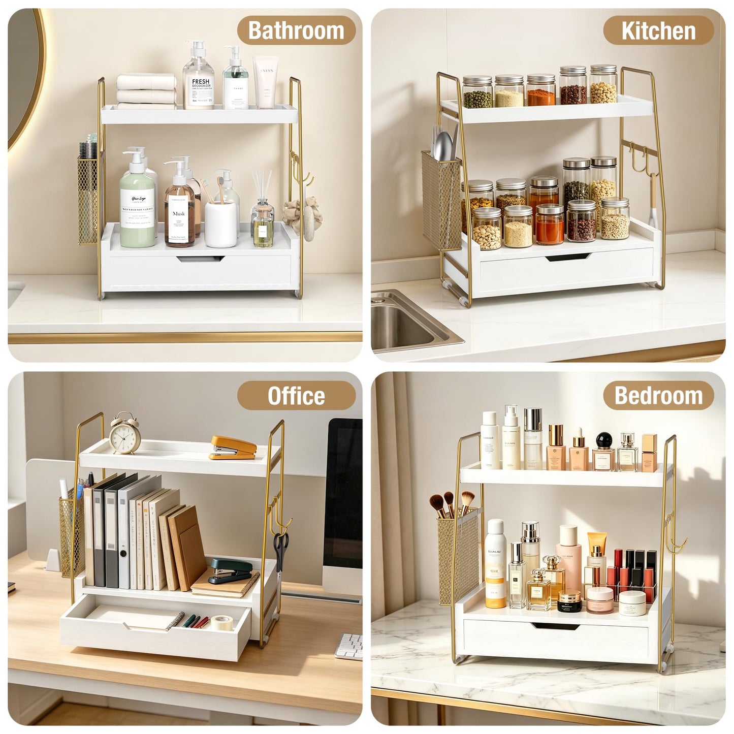 ROPALINS 2-Tier Bathroom Counter Organizer with Drawer and Removable Basket, Wood Vanity Countertop Storage for Perfume, Makeup, Skincare, Bathroom Counter Shelf, Moisture-Resistant, White Gold