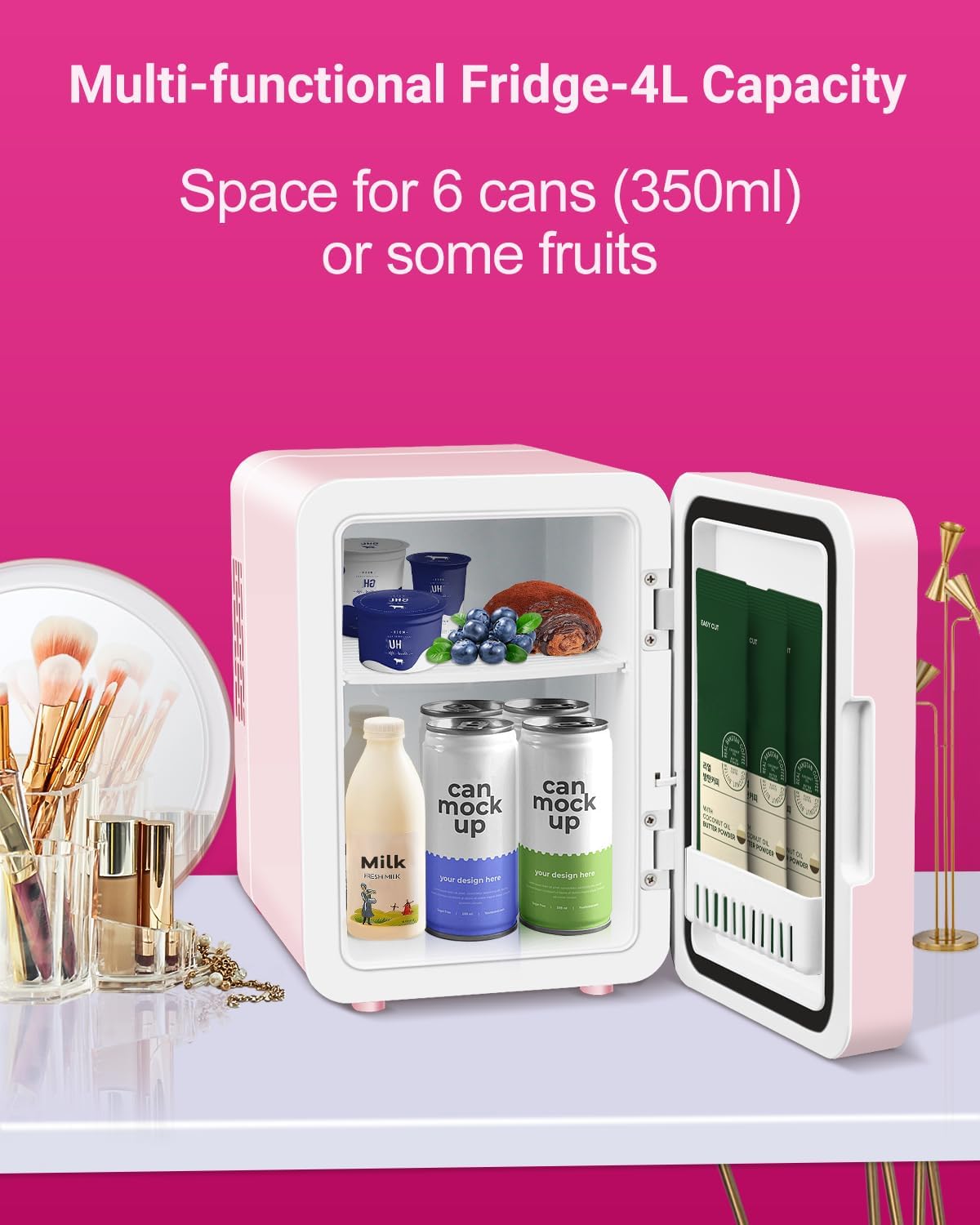 NISHCON 4-Liter Pink Portable Mini Fridge for Skincare Beauty Cosmetic Makeup With Mirrored Door and Dimmable LED Light