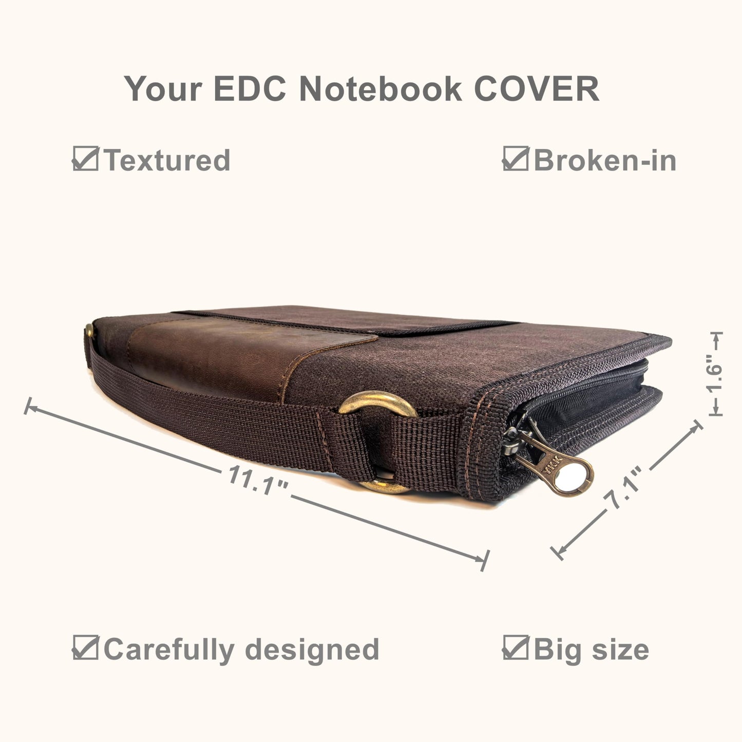 A5 Zippered Field Journal Cover with Detachable Strap, Waxed Canvas ＆ Leather Accent Notebook Organizer Case with Pen Holder, Includes 5.8″ x 8.3″ Refill, for Work, Business, Travel, Sketching, Brown