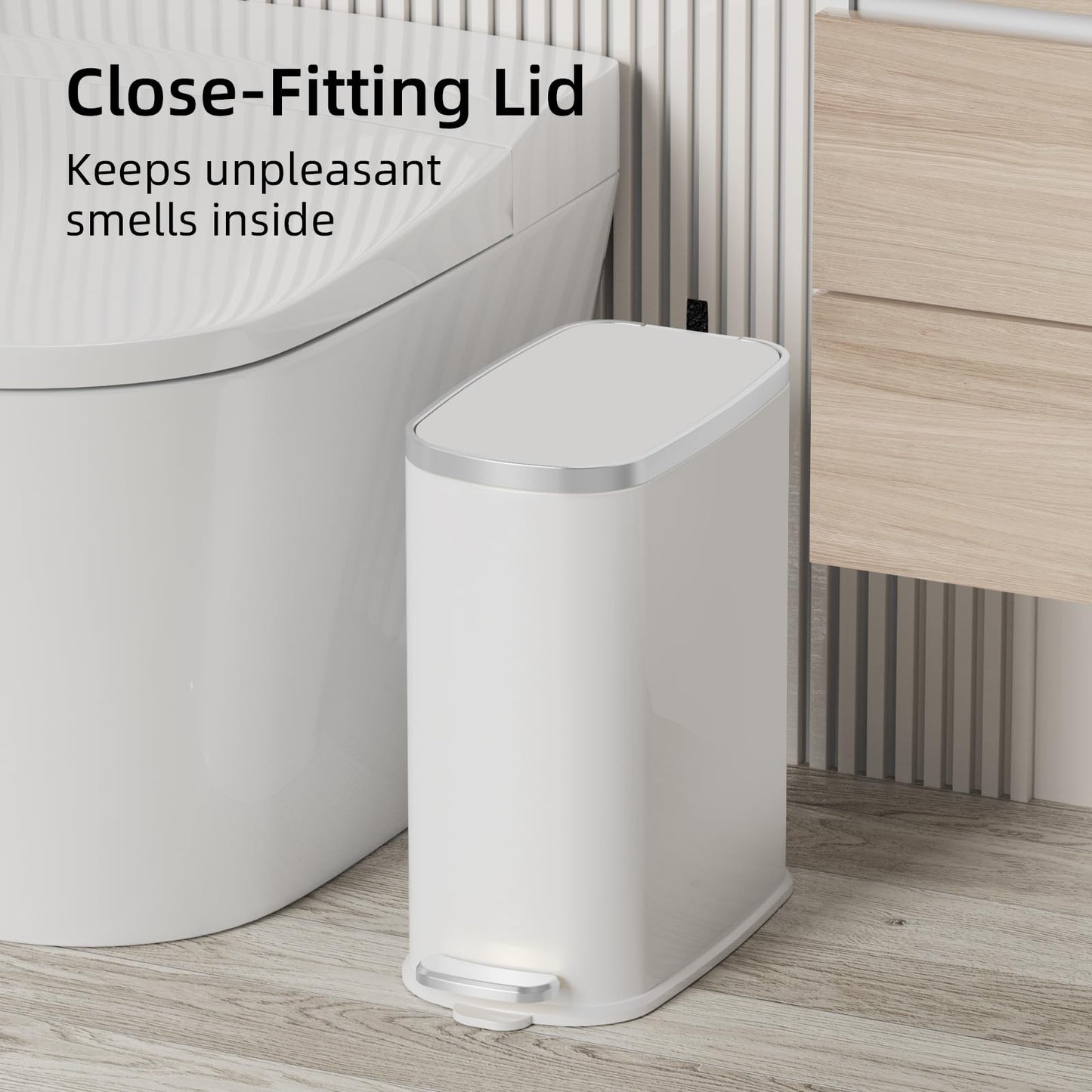 KUK Slim Bathroom Trash Can with Lid Soft Close, Step Pedal, 2.6 Gal/ 10L Stainless Steel Garbage Can with Removable Inner Bucket, Anti-Fingerprint Wastebasket for Office, Bedroom, Toilet (White)