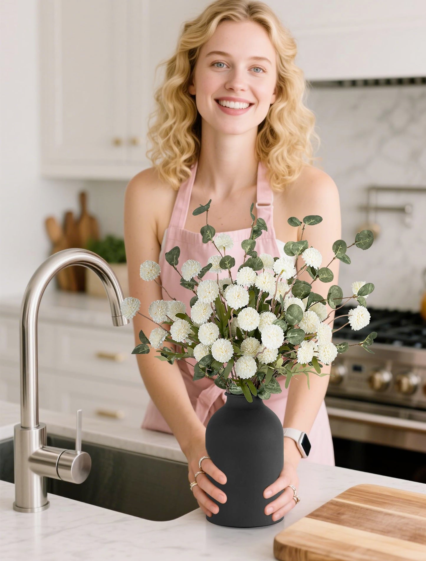BLOSMON Fake Flowers in Vase for Centerpieces: Metal Vase with 12 Stems of Artificial Mums Kiku Flowers Eucalyptuses Dining Table Decor - White Faux Silk Pom Poms Floral Arrangements for Home Indoor