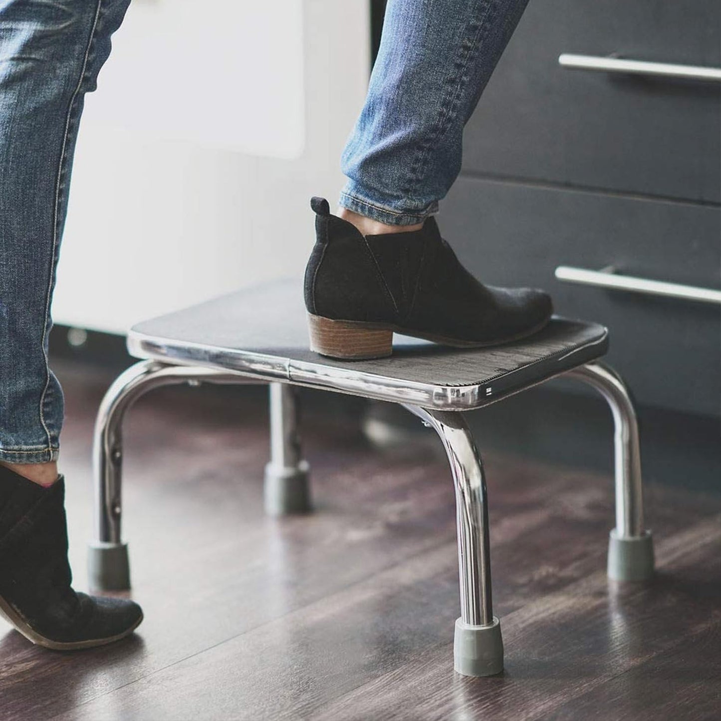 DMI Step Stool with Handle and Non Skid Rubber Platform, Lightweight and Sturdy Stool for Seniors, Adults and Children, Holds up to 300 Pounds with 9.5 Inch Step Up, 17.3"D x 12.3"W x 34"H, Chrome