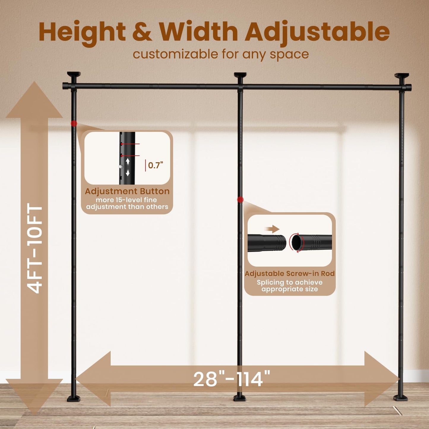 Bonpally Room Divider Curtain Rod, No Drilling Tension Rod for Room Separation, 4-10ft(H) 28-114inch(W) Adjustable Heavy Duty Floor to Ceiling Wall Divider Room Partition Privacy Separator, Black