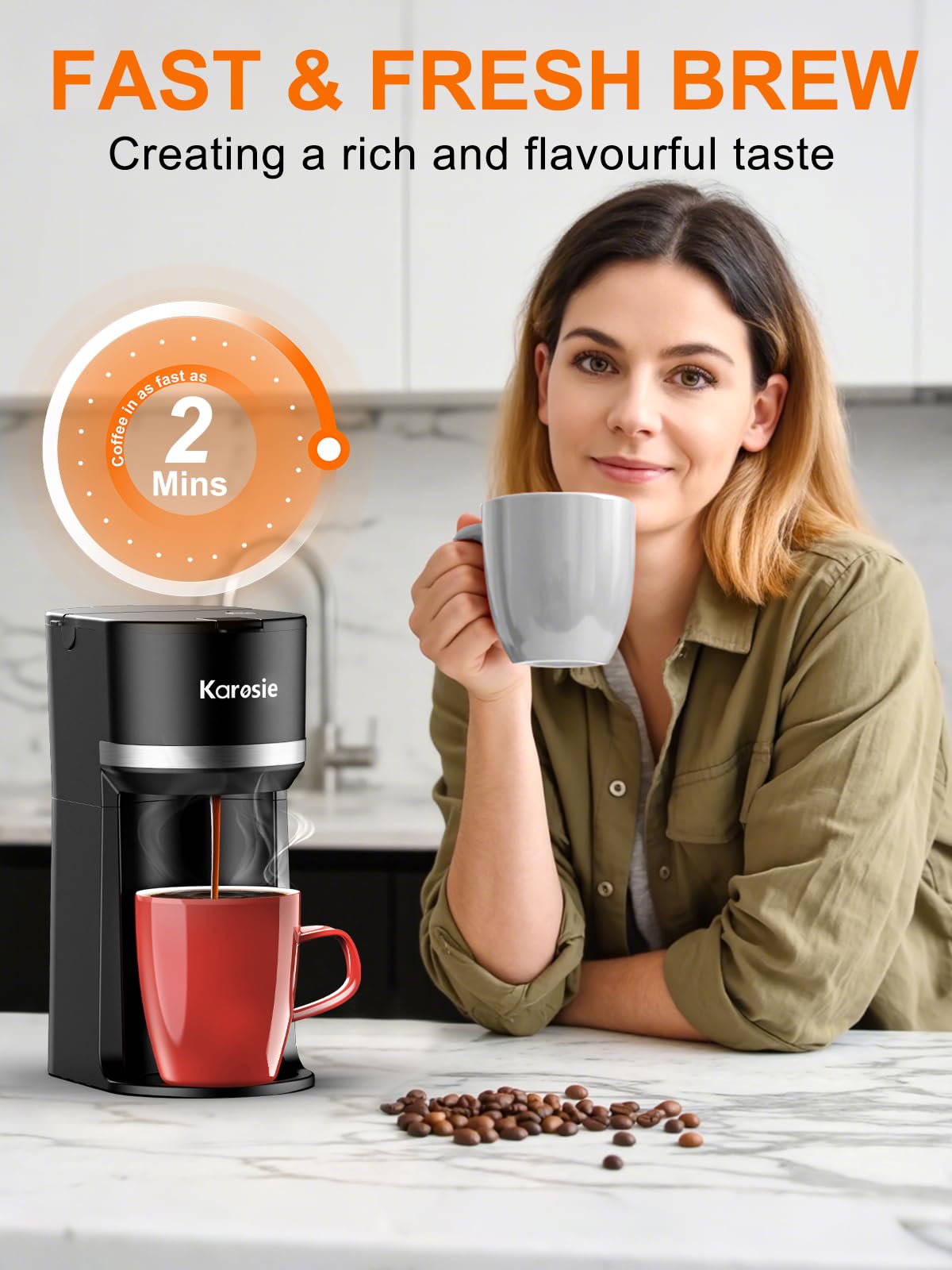Karosie Single Serve Coffee Maker for K-Cup and Grounds, Fast Brew, 6-12 oz Brew Sizes Single Cup Coffee Maker Fits 5.5" Mugs, One-Button Small Coffee Maker, Descaling Reminder,Black,9.45 Inches