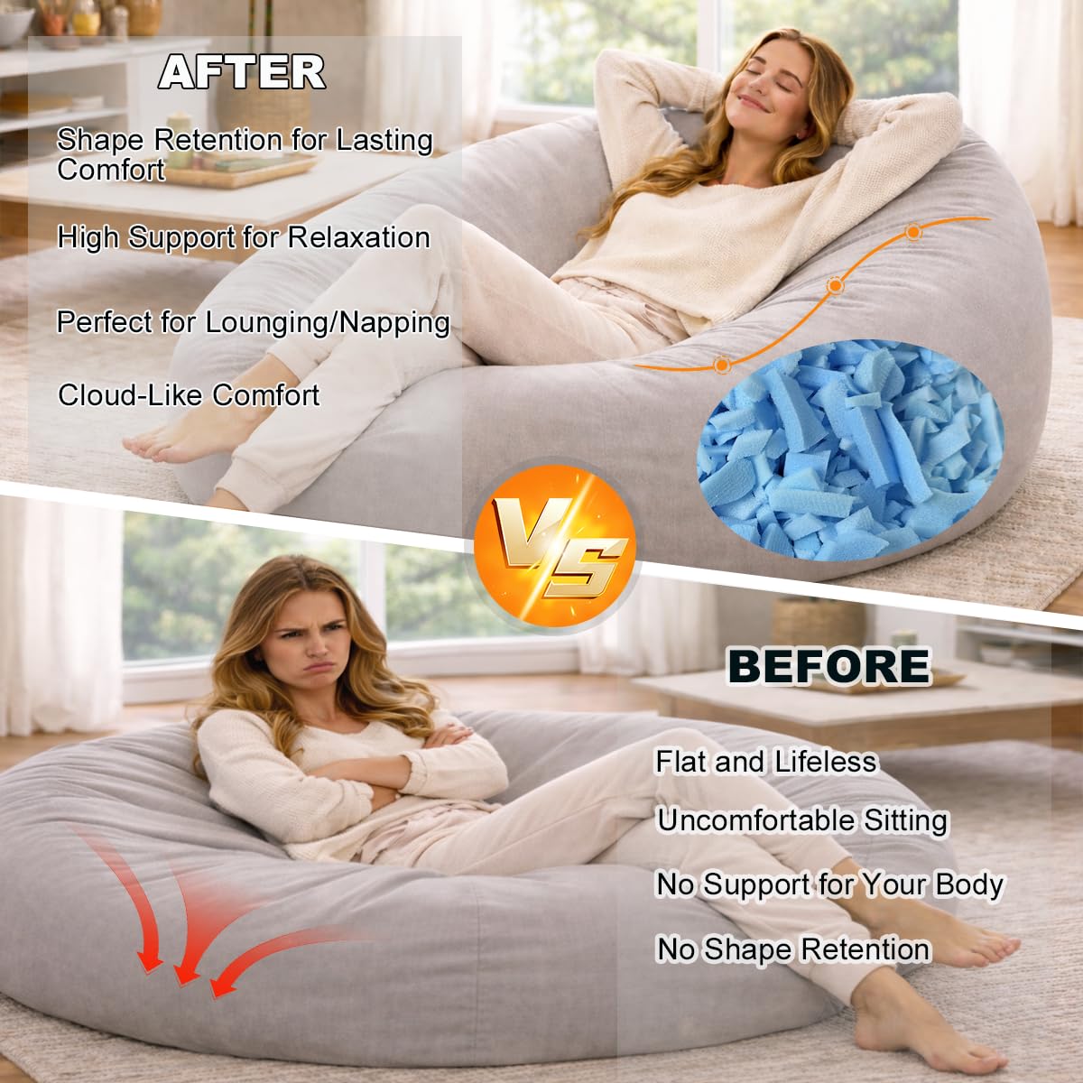 GUBFFON Bean Bag Filler 20lbs - Shredded Memory Foam Refill, Soft & Supportive Stuffing for Bean Bag Chair, Couch, Cushion, Dog Bed, Punching Bag, Pillow & Crafts