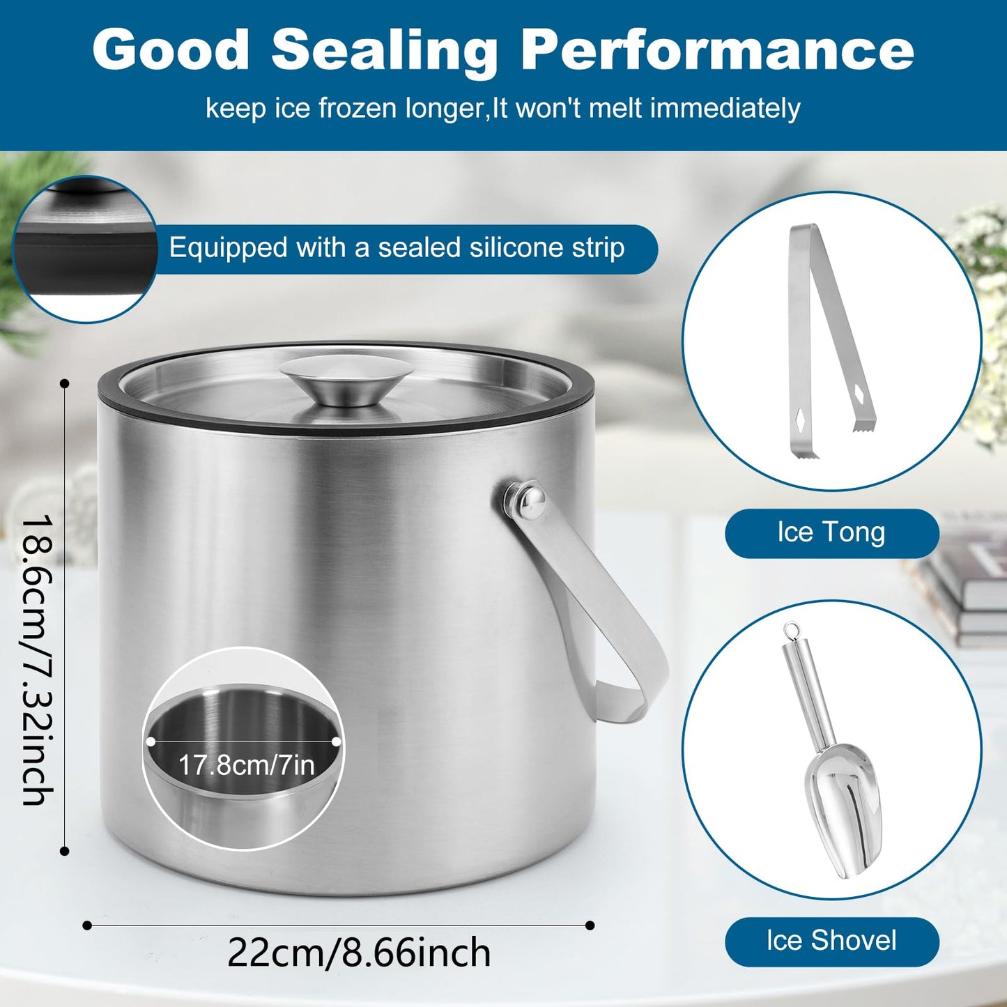 Berverra 5L Insulated Ice Bucket for Party,Portable Large Capacity Ice Buckets,Double-Wall Stainless stell Ice Container Keep Ice Cool,Champagne,Wine,Cocktail Beverage Bucket with Lid,Scoop & Tong