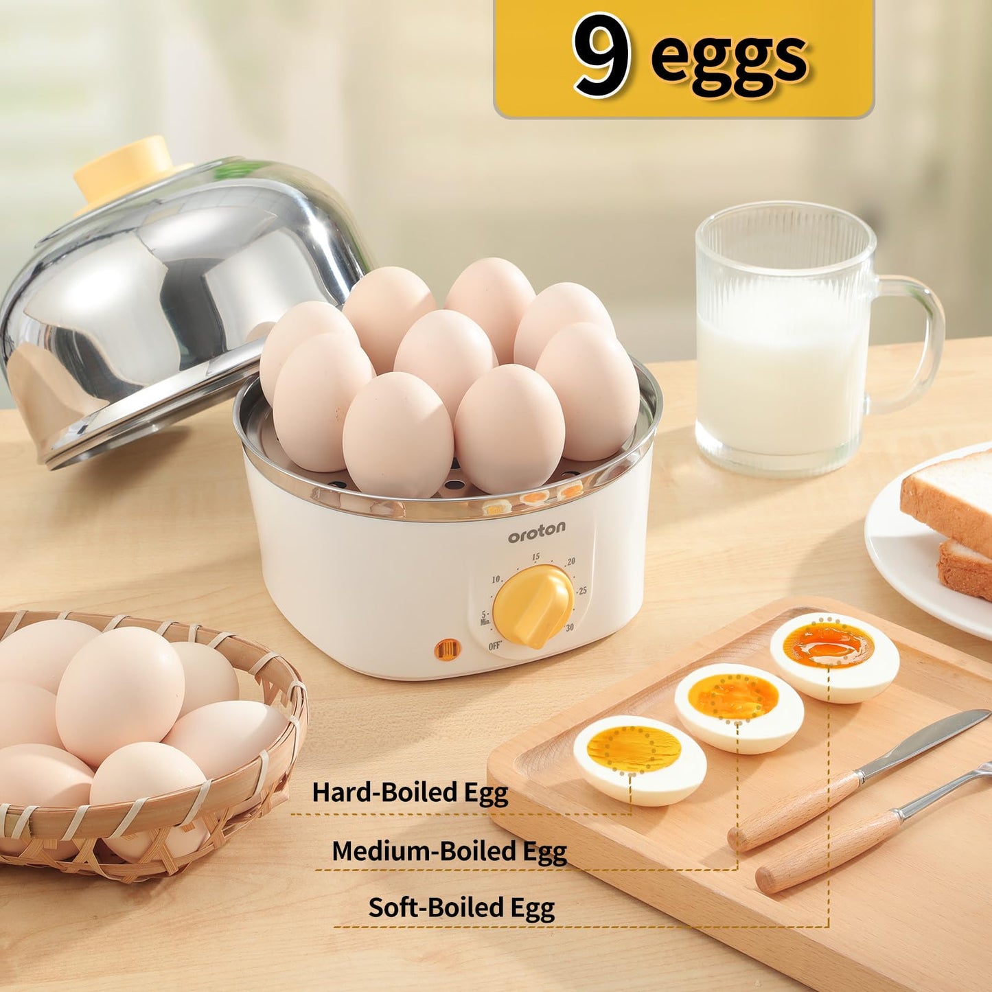 Oroton 9-Egg 304 Stainless Steel Egg Cooker – Steam & Boil Eggs with Timer, Automatic Shut-Off & 3 Cooking Modes (Black)(Hard/Medium/Soft)