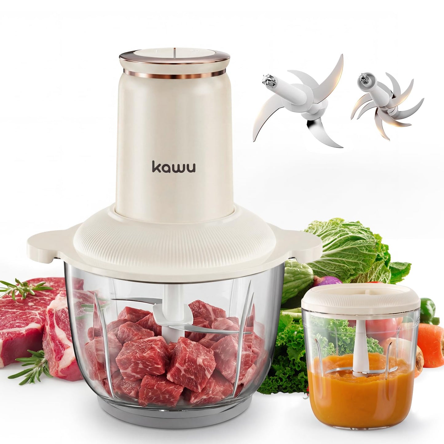 Kawu Electric Food Processors, 300W Food Chopper with 2 Bowls (8 Cup+1 Cup), 2 Speeds Meat Grinder with Stainless Steel Blades, Mini Vegetable Garlic Chopper Glass Blenders for Kitchen Home