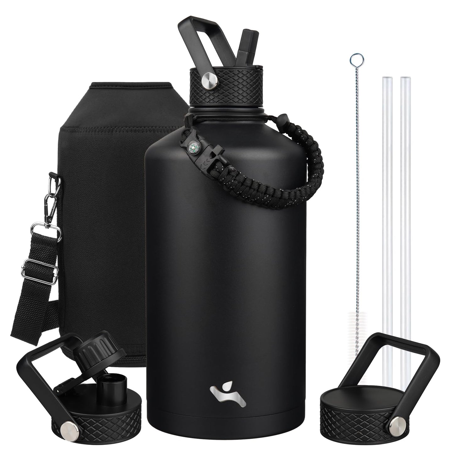Konokyo Gallon Insulated Water Bottle with Straw,128 oz 3 Lids Water Jug with Carrying Bag,Paracord Handle, Double Wall Vacuum Stainless Steel Metal Flask,Black