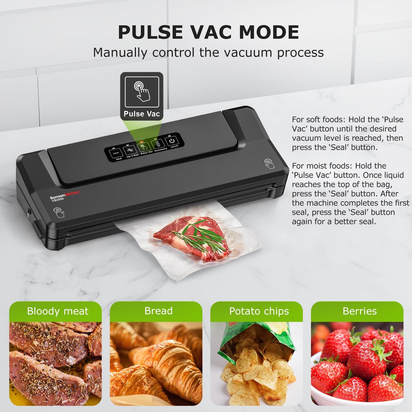 Bonsenkitchen Vacuum Sealer Machine | Compact Food Sealer for Kitchen Storage & Meal Prep | Multiple Modes | External Vacuum System | 5 Bags, Black