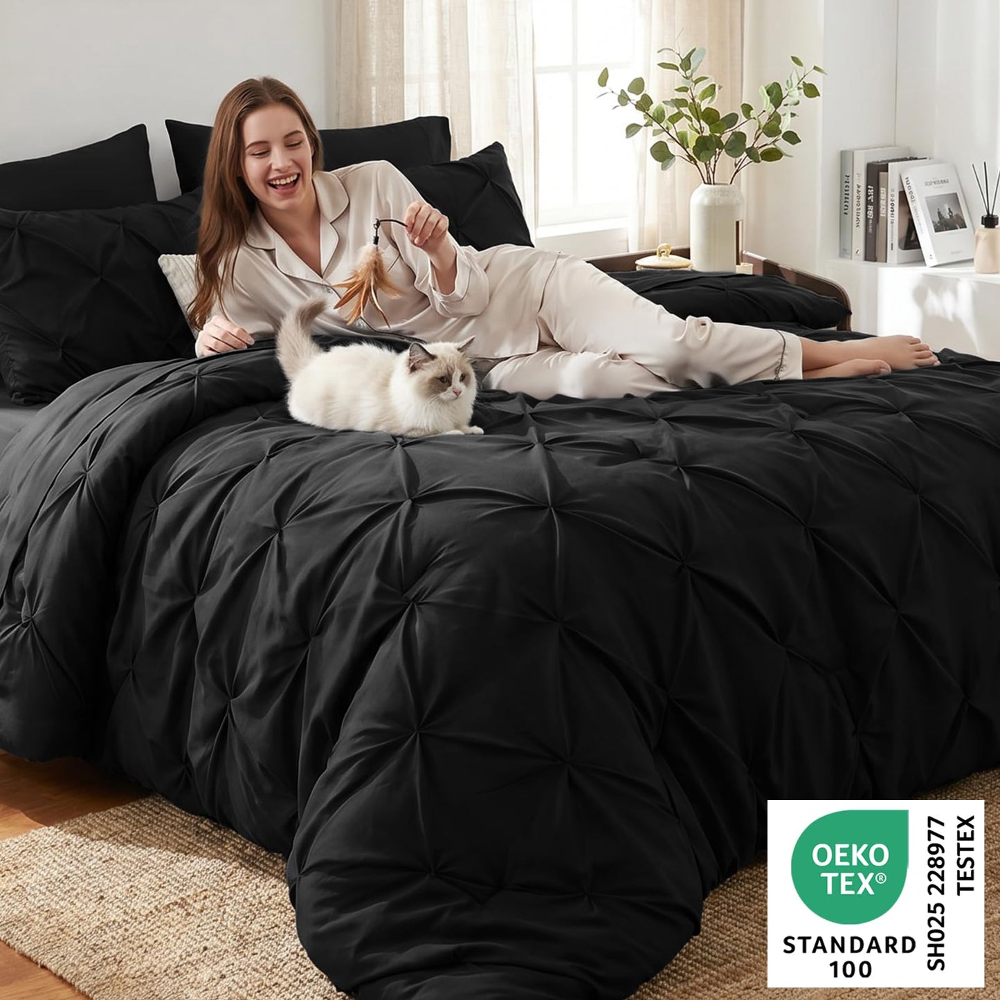 CozyLux Queen Comforter Set Black, 7 Pieces Pintuck Bed in A Bag, All Season Comforter Queen Size, Bed Set Gift for Family, Pinch Pleat Bedding Sets with Comforter, Sheets, Pillowcases & Shams