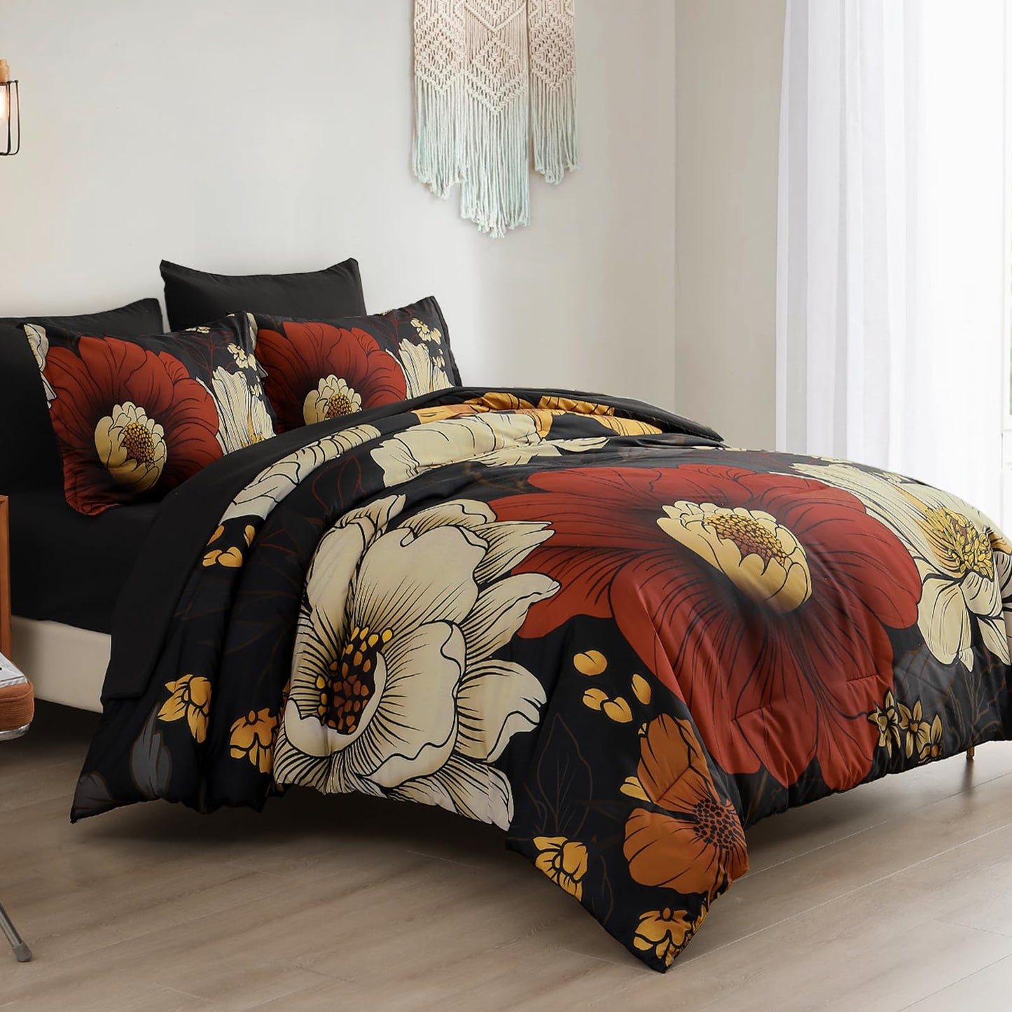 Xruibed Black Floral Comforter Set Queen Size 7 Pieces Bed in a Bag Flower Bedding Sets Lightweight Boho Bed Set with Sheet,Pillowcases&Shams for All Season