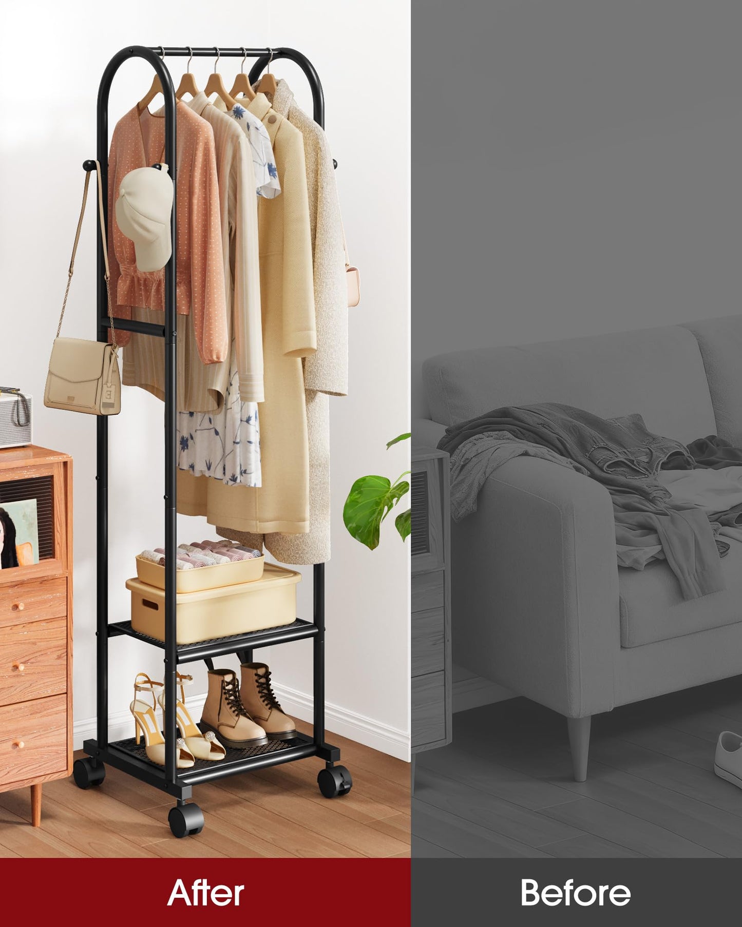Sakugi Heavy Duty Premium Clothes Rack with 2-Tier Mesh Shoe Shelves & 4 Hooks, Lockable Wheels, Space-Saving, Multi-Functional for Bedroom, Entryway, Closet, Modern Design, 18.4" x 12.6" x 72", Black