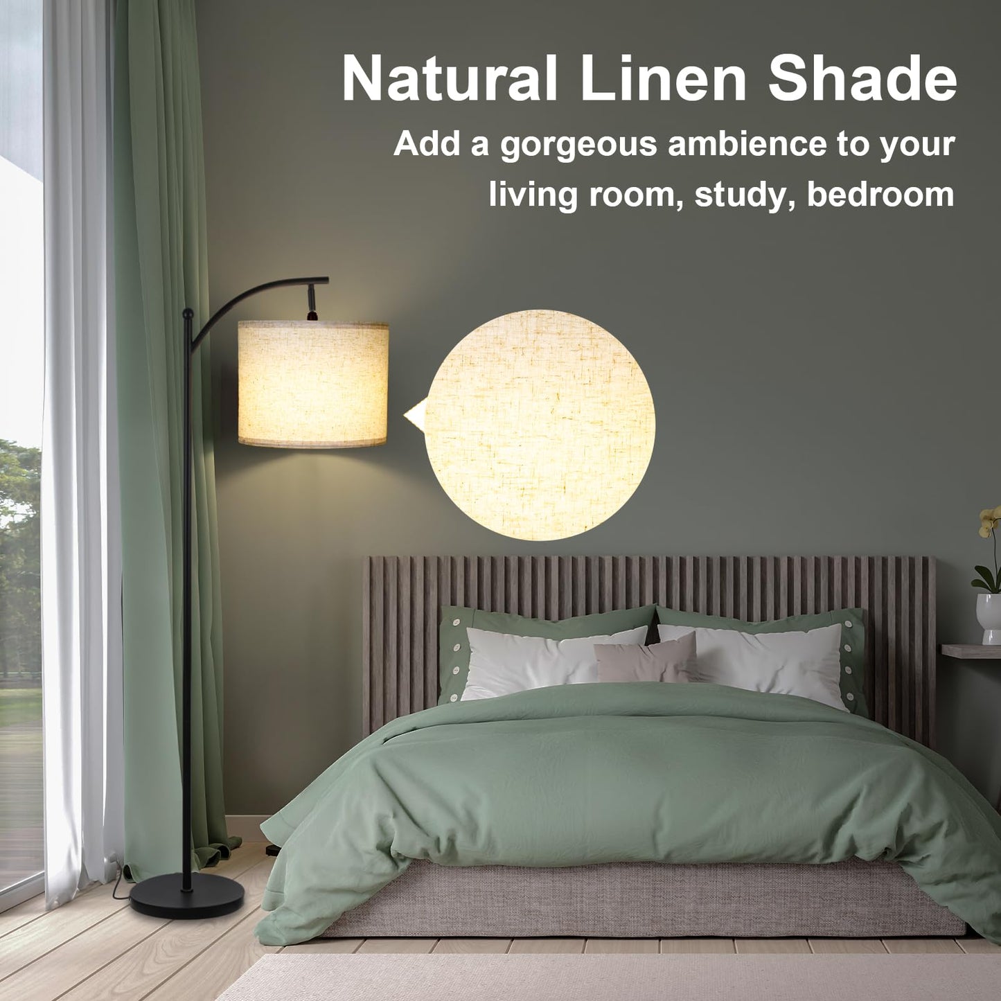 LALISU Modern Floor Lamp, 3-Ways Dimmable Standing Lamp with Linen Shade, Adjustable Height, Foot-Step Switch, Reading Lamp for Living Room, Bedroom, Office, 9W Bulb Included (Black)