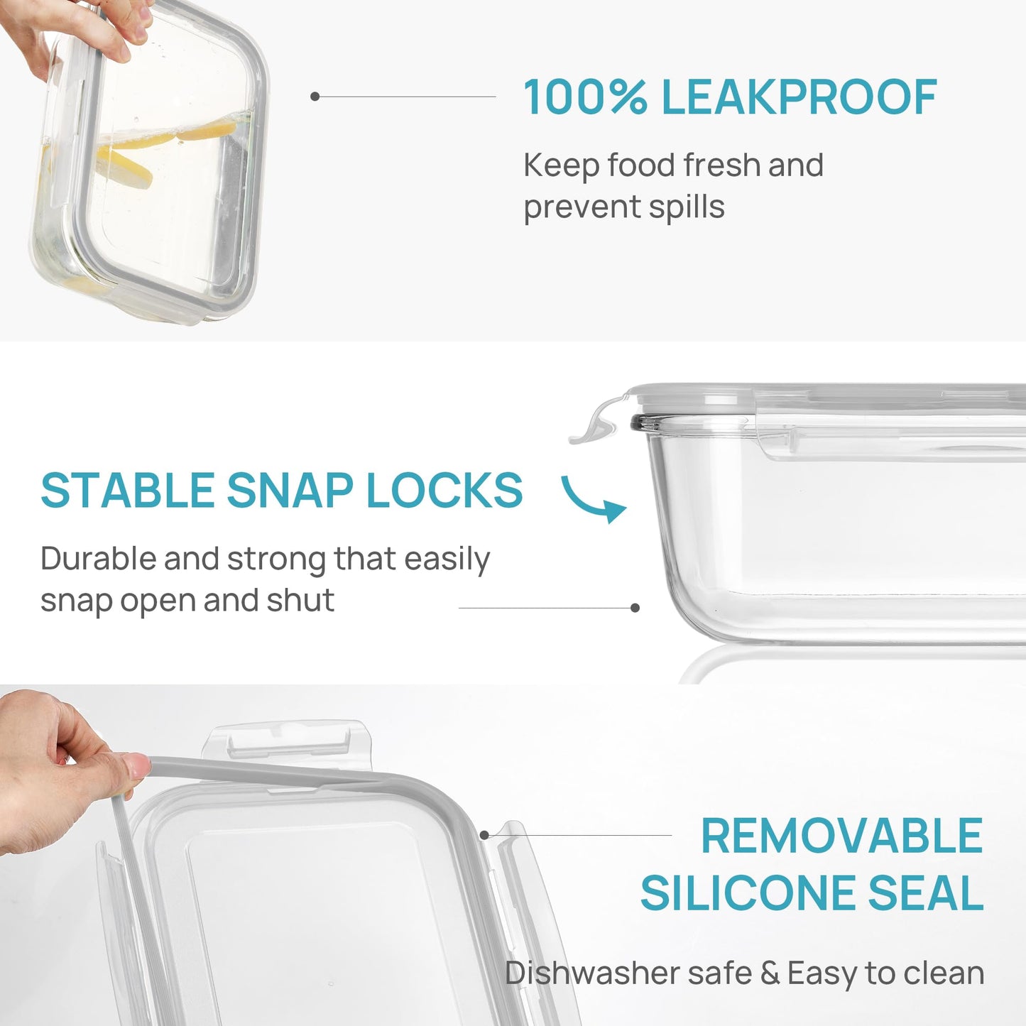 Vtopmart 2Pack 1860ml/63oz Large Glass Storage Containers with Lids, Meal Prep Food Container Set with Snap Airtight Lid for Baking, Microwave, Oven, Leak Proof, for Freezer, Dishwasher, Grey
