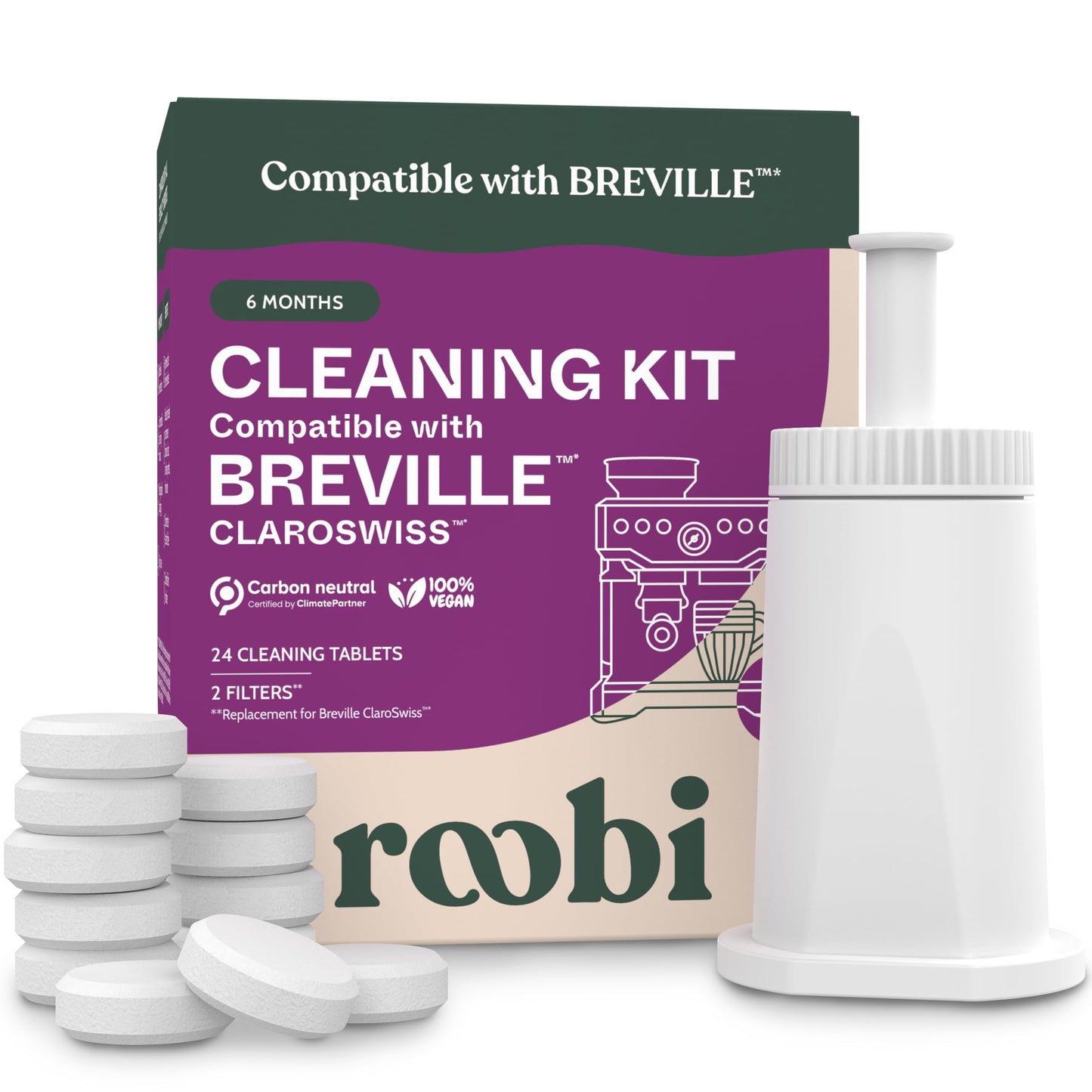Roobi Espresso Cleaning Kit compatible with Breville ClaroSwiss Filters. Includes 24 Cleaning Tablets and 2 ClaroSwiss Water Filters. Carbon Neutral. 6 Month Supply.