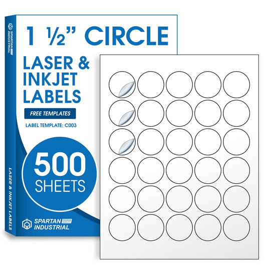 1.5" Printable Round Labels for Laser and Inkjet Printers - 15000 Blank Labels, 500 Sheets for Thank You Stickers, Price Tags, QR Codes, Business Logos - Spartan Industrial Template C003