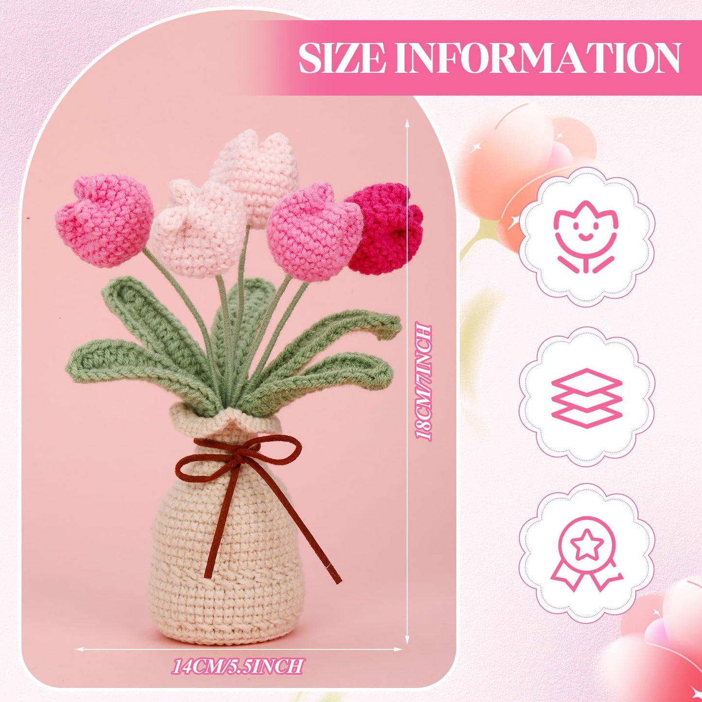 Marsui Crochet Knitting Tulip Bouquet with Vase 7" Knitted Artificial Forever Tulip Handmade Woven Flower with Exquisite Pot Gift for Father's Gifts Back to School Gift Family Home Desk Decor(Pink)