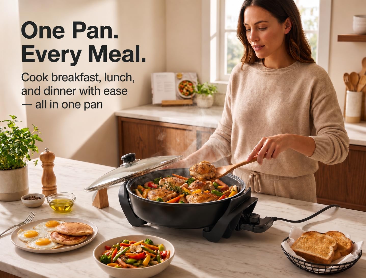 Moss & Stone Round Electric Skillet with Lid – 12x12 Inch Aluminum Nonstick Electric Frying Pan 5Qt, Adjustable Temperature Control, Vented Glass Lid, Dishwasher Safe, Heat-Resistant Handles