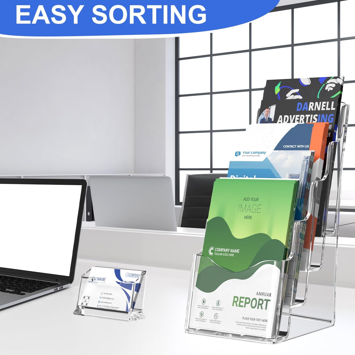 Nellvita 4 Pcs Acrylic Brochure Holder, 4 x9 Inches Flyer Holder, 4 Tier Clear Pamphlet Holder, 4 Inch Wide Magazine Literature Organizer Holder, Brochure Display Stand, for Wall Mount or Desktop Use