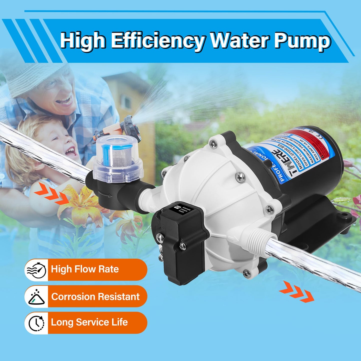 12V Pump,6.5GPM,70Psi Diaphragm Water Pump,Self Priming Up to 10 Feet,Ideal for RV,Marine,Yacht Sprayer and Pressure Washing-1/2 MNPT Connection