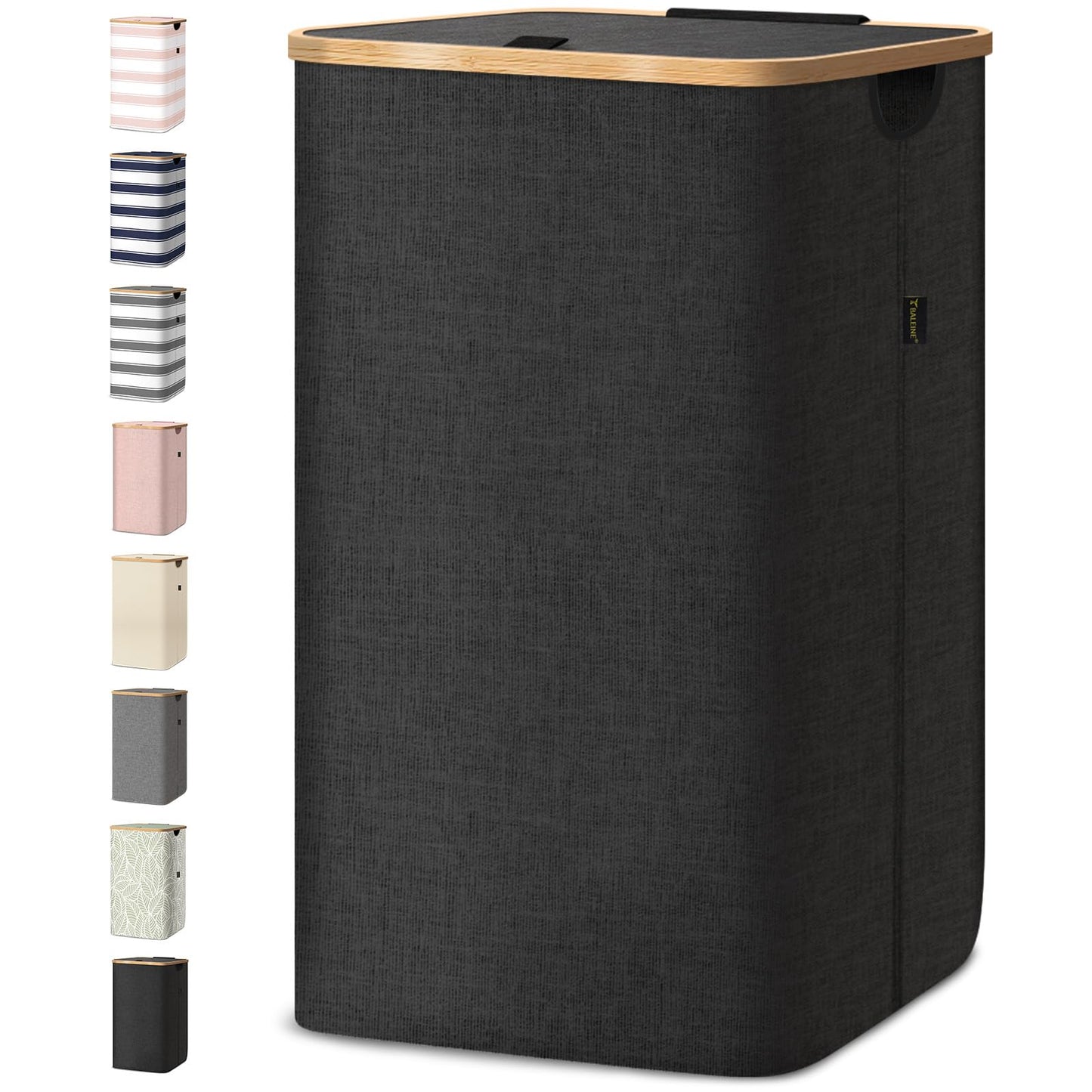 BALEINE Laundry Hamper with Lid, Tall Laundry Baskets with Bamboo Pull Handles, Large Laundry Bin with Internal Support (26Gal/100L, Carbon Black)