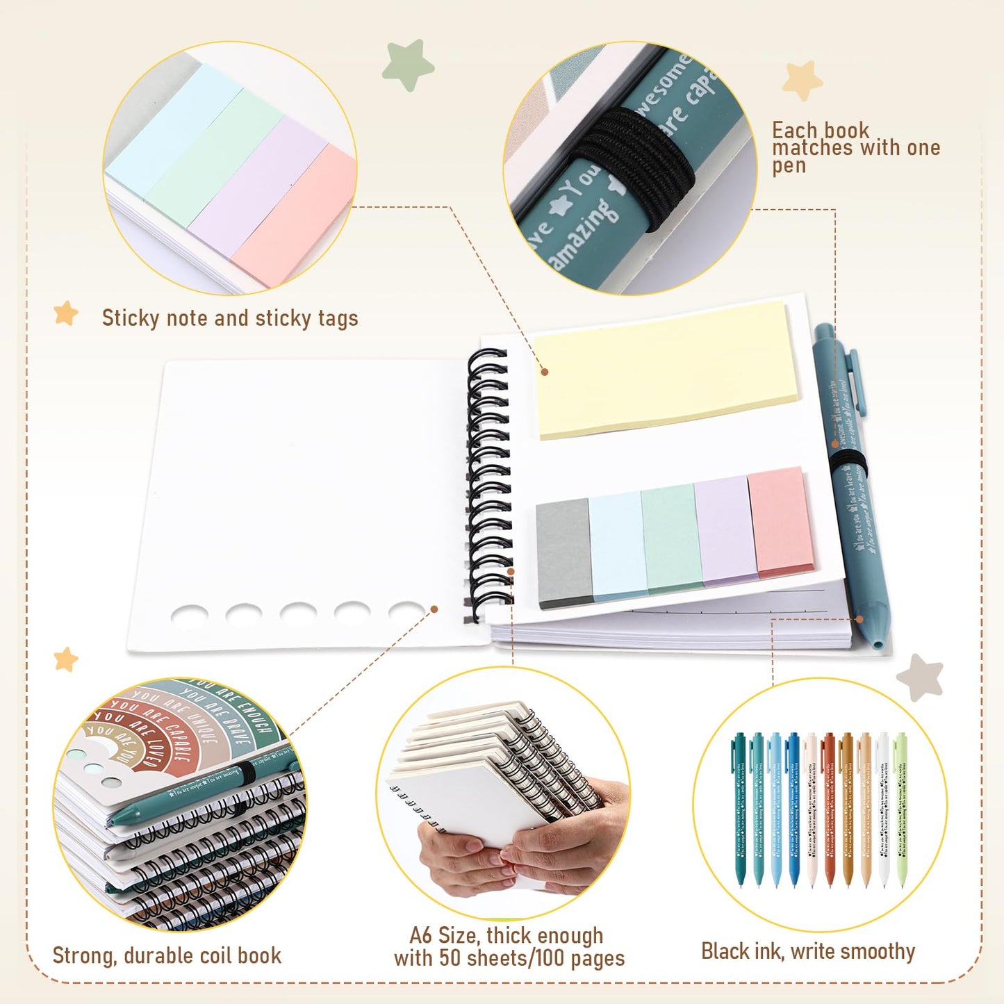Janlaugh 60 Pcs Mental Health Gifts for Women Men Self Care Items Bulk Include 30 Mental Health Notebooks with Sticky Note 30 Positive Pens Affirmation Journals Wellness Gifts for Coworker Student