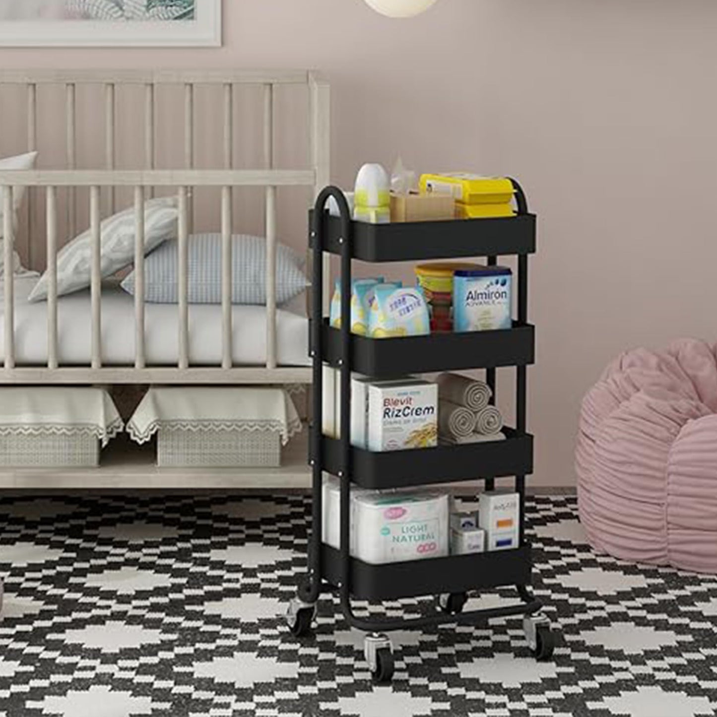 Elitehouse 4-Tier Metal Rolling Cart with Wheels,4 Tier Utility Cart with Wheels for Office,Home,Kitchen,Garden（13.4"x18.1"x40"） Black