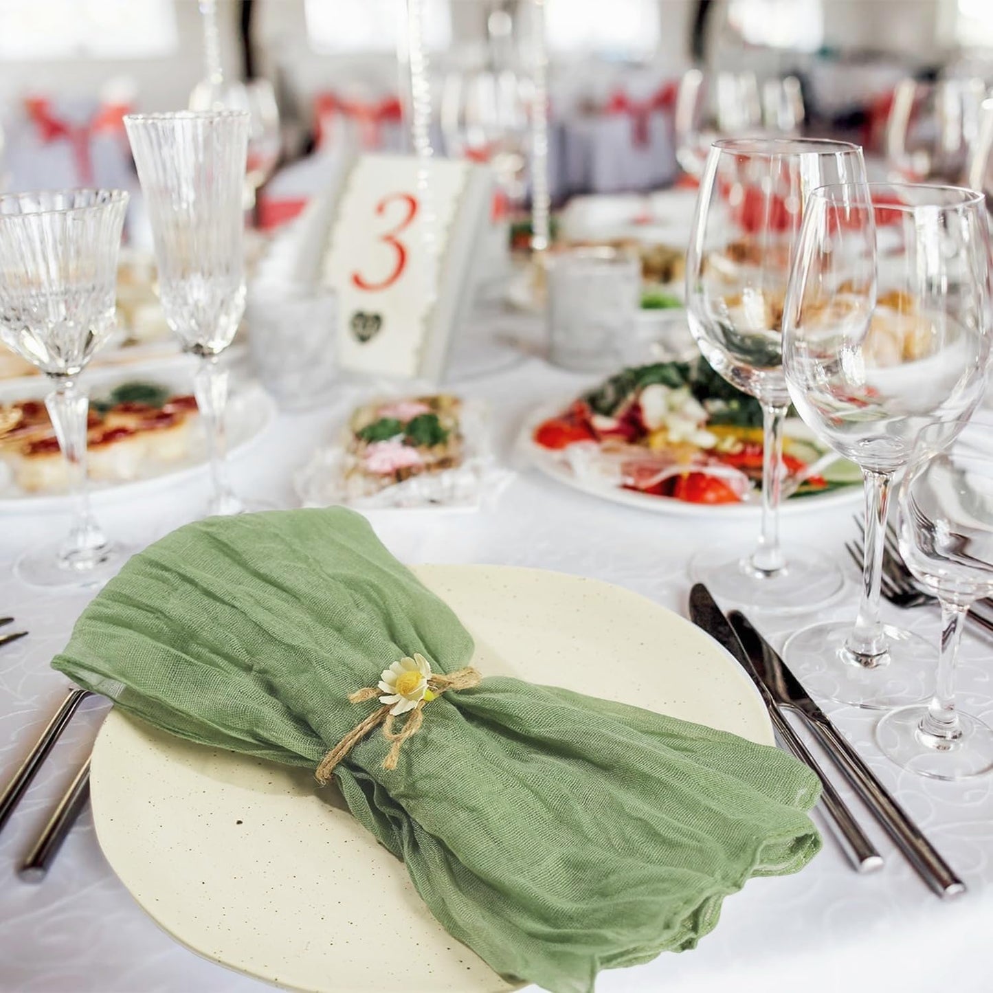 120 Pack Sage Green Cheesecloth Napkins, 20x20 Inch Rustic Wrinkled Summer Sage Cloth Napkins Cotton Gauze Dinner Table Napkin Bulk for Wedding, Bridal Shower, Baby Shower, Boho Decor