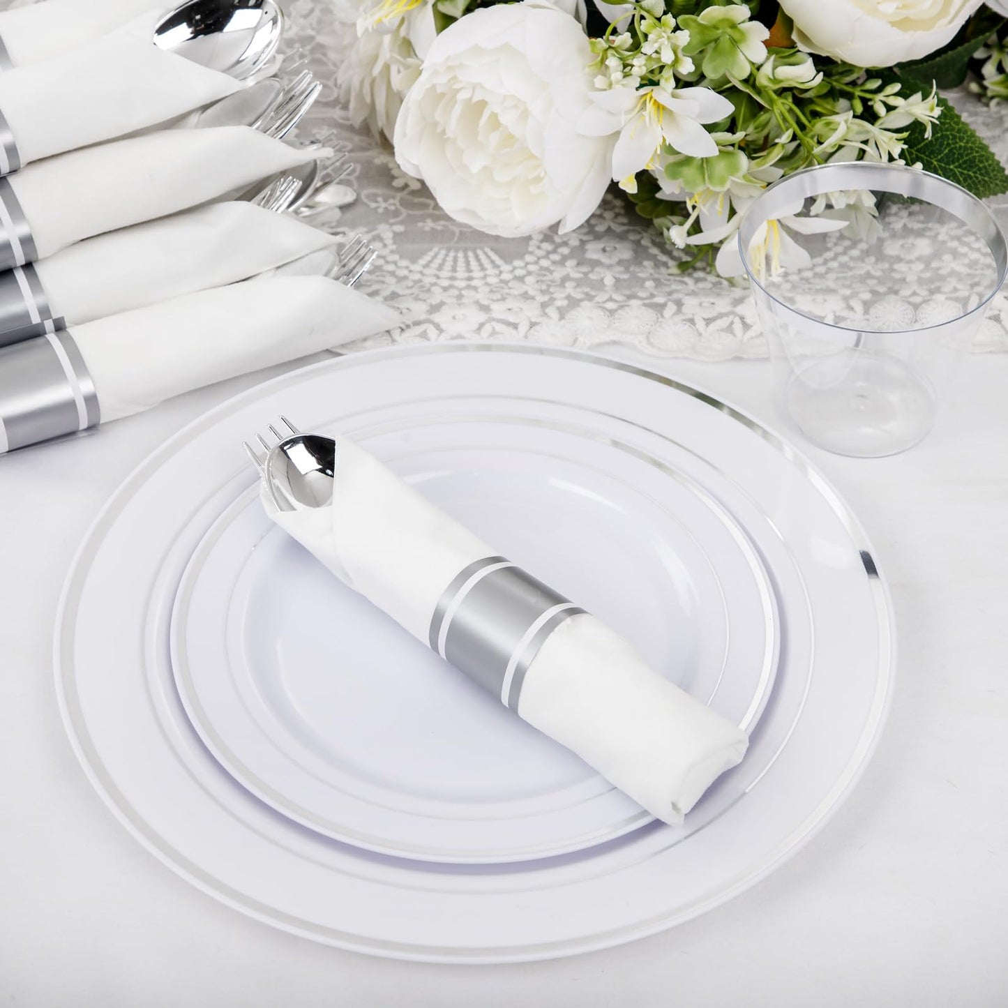 WELLIFE 210 Piece Silver Plastic Dinnerware Set for 30 Guests, Include: 30 Dinner Plates, 30 Dessert Plates, 30 Pre Rolled Napkins with Silverware and 30 Silver Cups