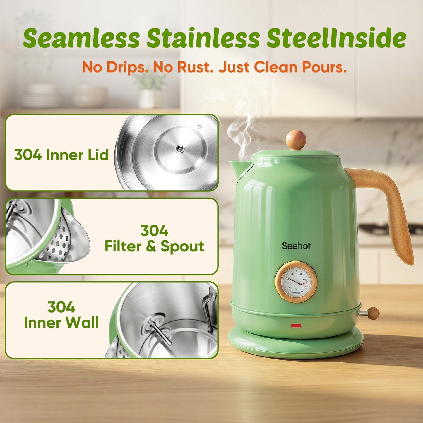 Seehot® 1.7L (57.oz) Electric Kettle with Thermometer, 1200W Large Electric Tea kettle with 304 Stainless Steel,Auto shut off,Hot water kettle Electric for Home,Office,Kitchens-Green