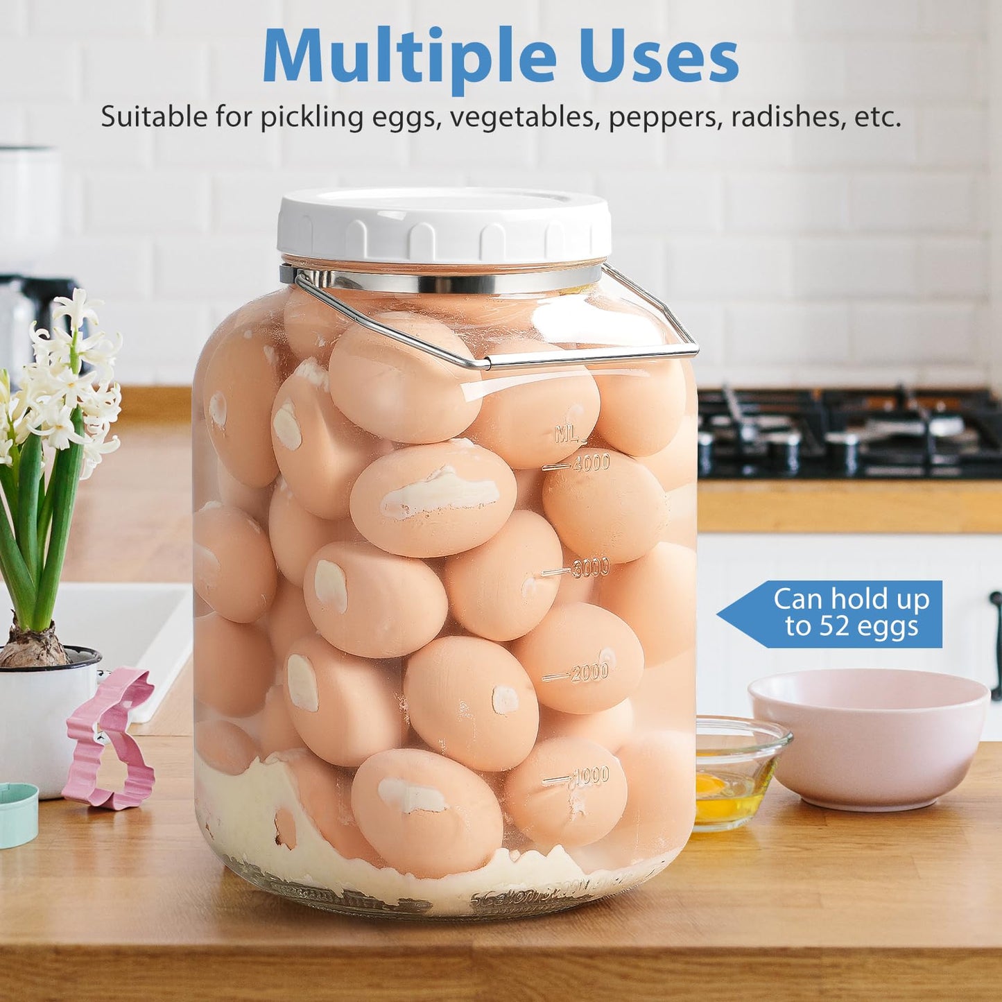 1.5 Gallon Glass Jar with airtight Lid, 2 Pack Wide Mouth Mason Jars with Sturdy Handle, Storage Containers with 2 Clear Scales(192 fl Oz/5700ML), Large Glass Jar for Pickling, Canning, Storage