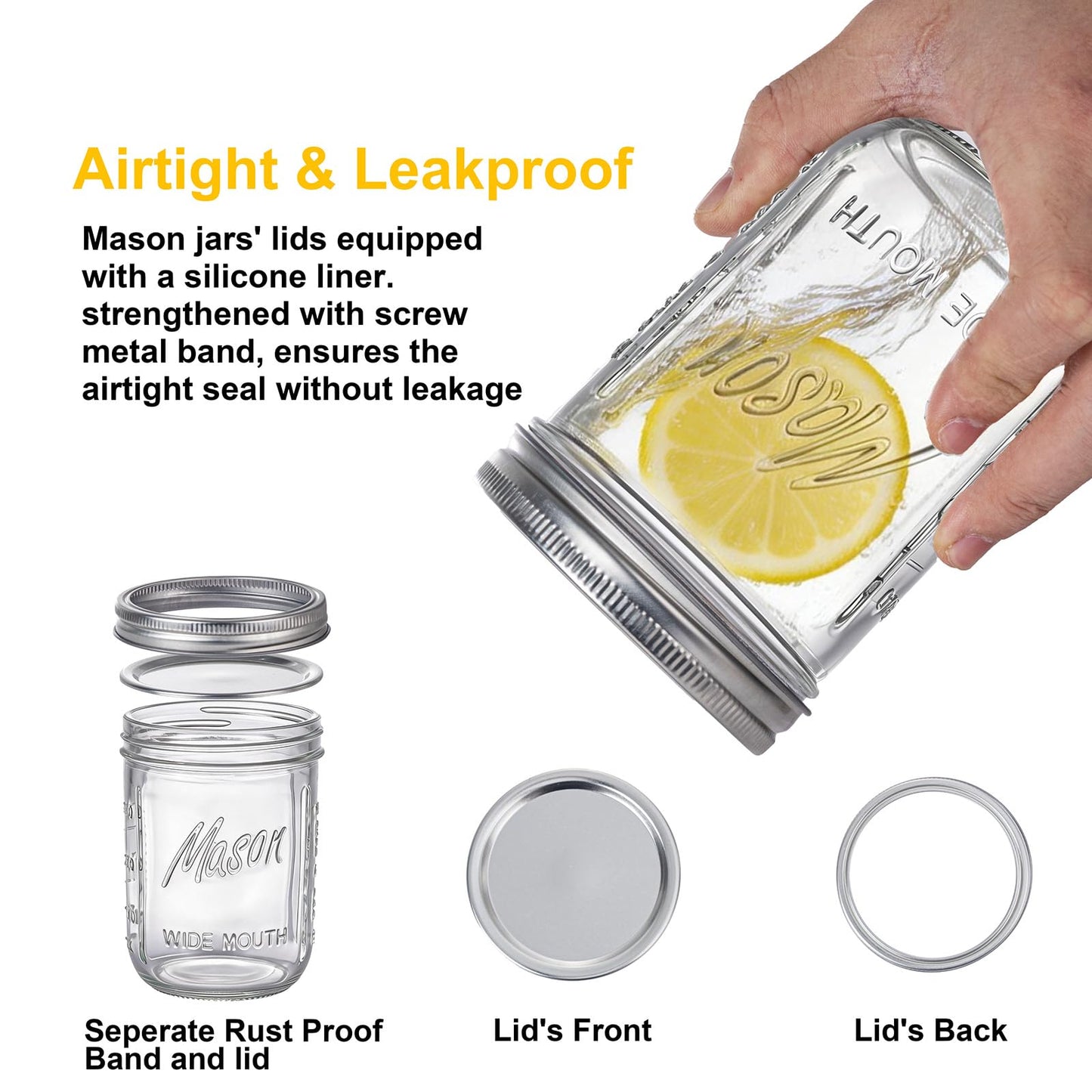 WELLIFE 12 Pack 16 oz Mason Jars with Lids, Wide Mouth Glass Canning Jars, Airtight Leak-Proof Storage Jars for Food, Pickling, Fermenting