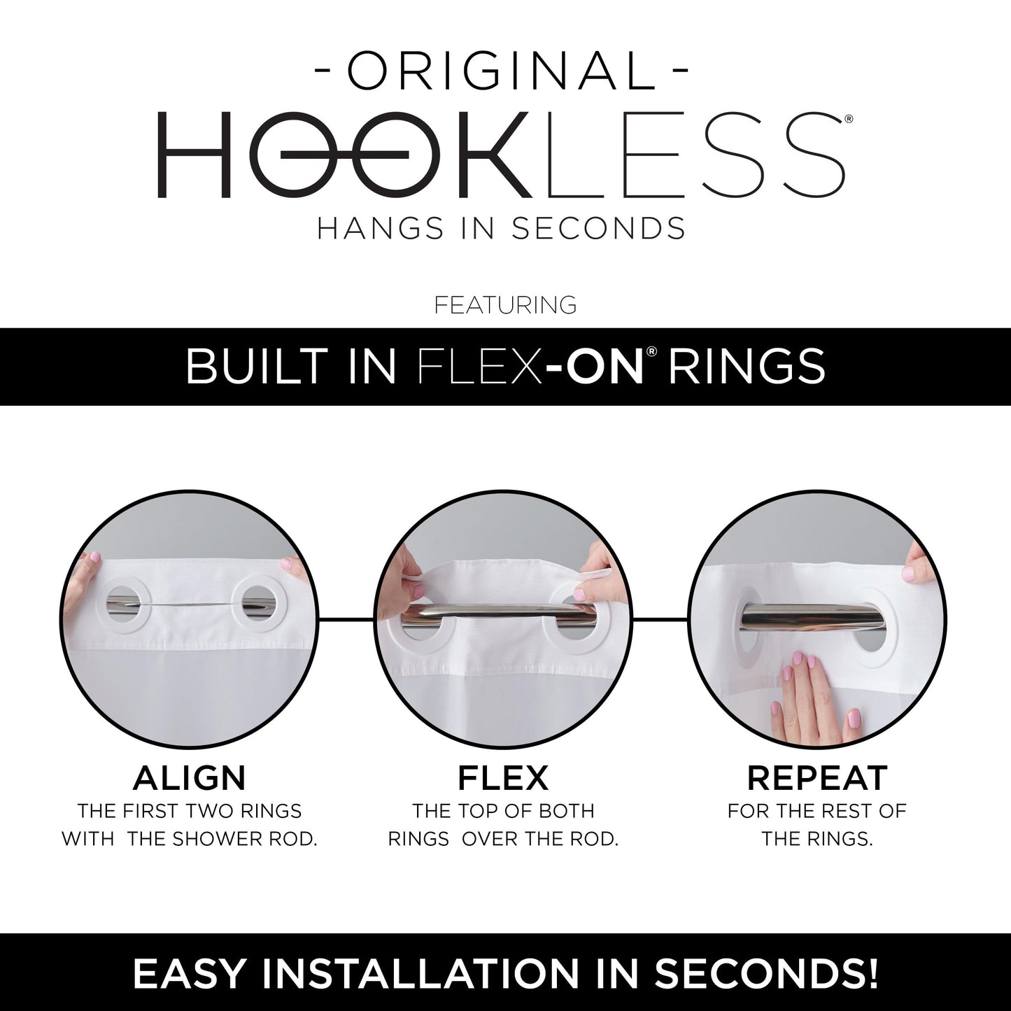 Hookless It's A Snap! 3-in-1 Shower Curtain With Waffle Fabric, Sheer Top Window, Flex-On Rings & Liner, 71" x 74", White