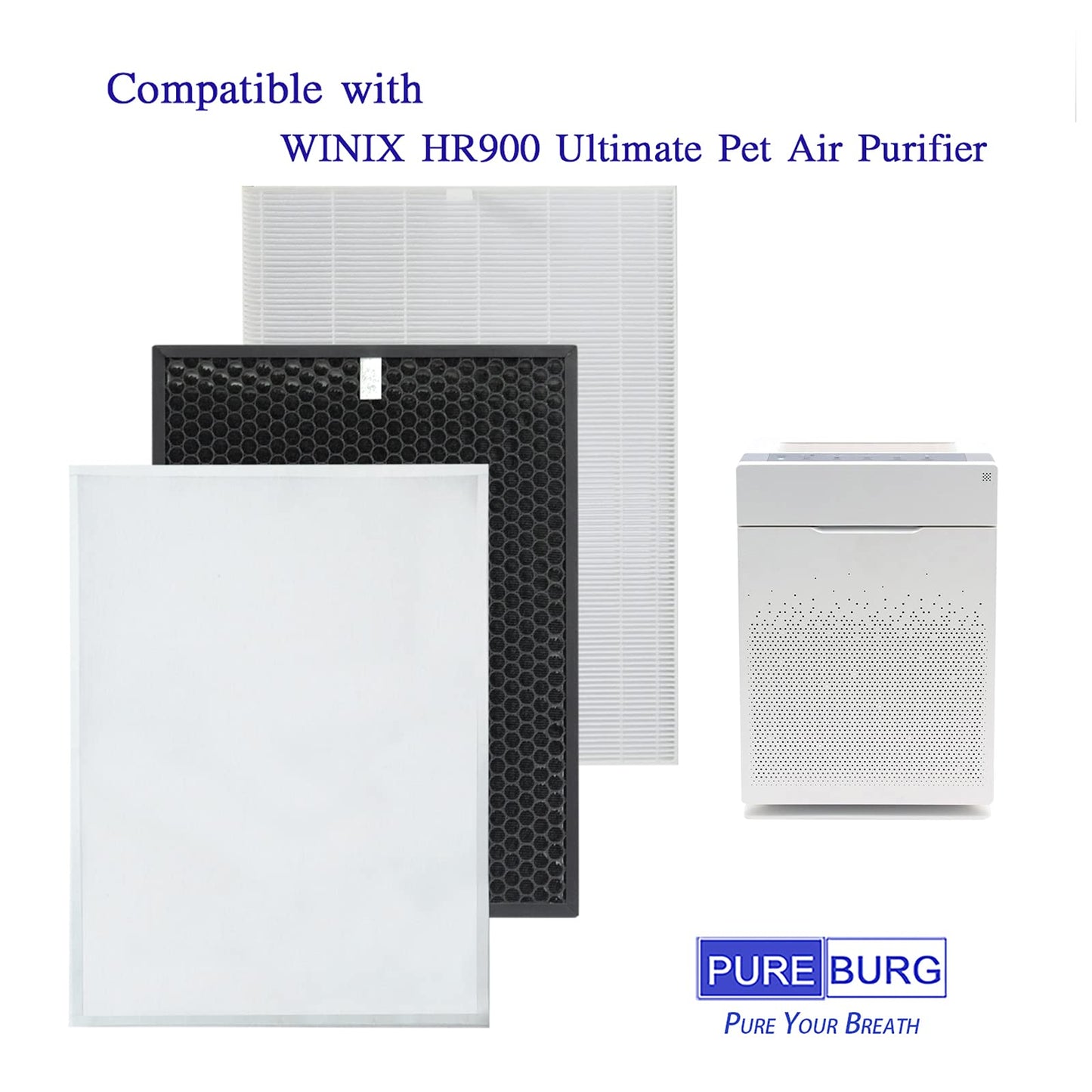PUREBURG Replacement Filter Set Compatible with Winix HR900 Ultimate Pet Air Purifier, H13 True HEPA, Activated Carbon and 6 Pet Hair Pre Filters, 8 Piece Pack